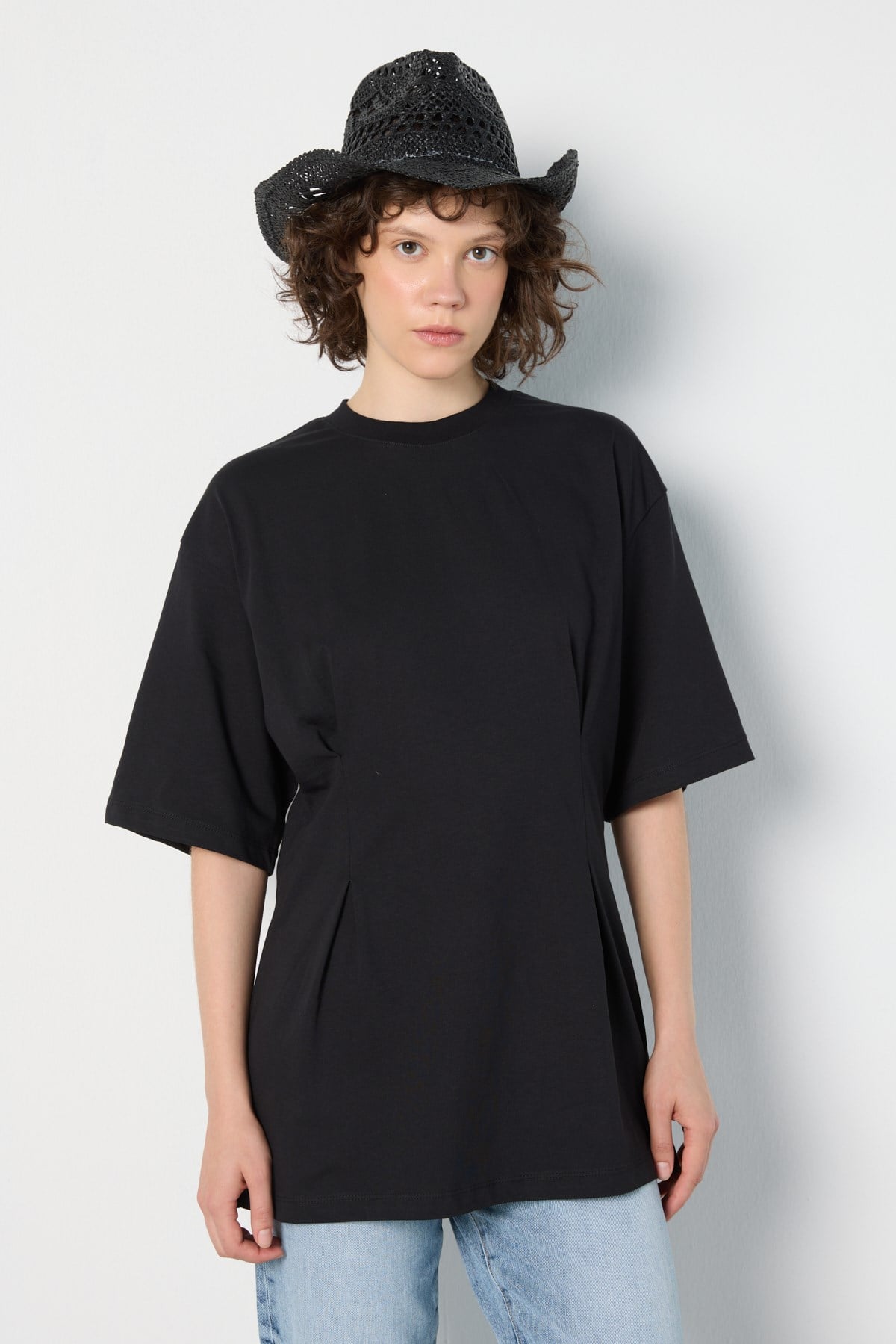 Kadın Bel Detaylı Oversize T-shirt Siyah