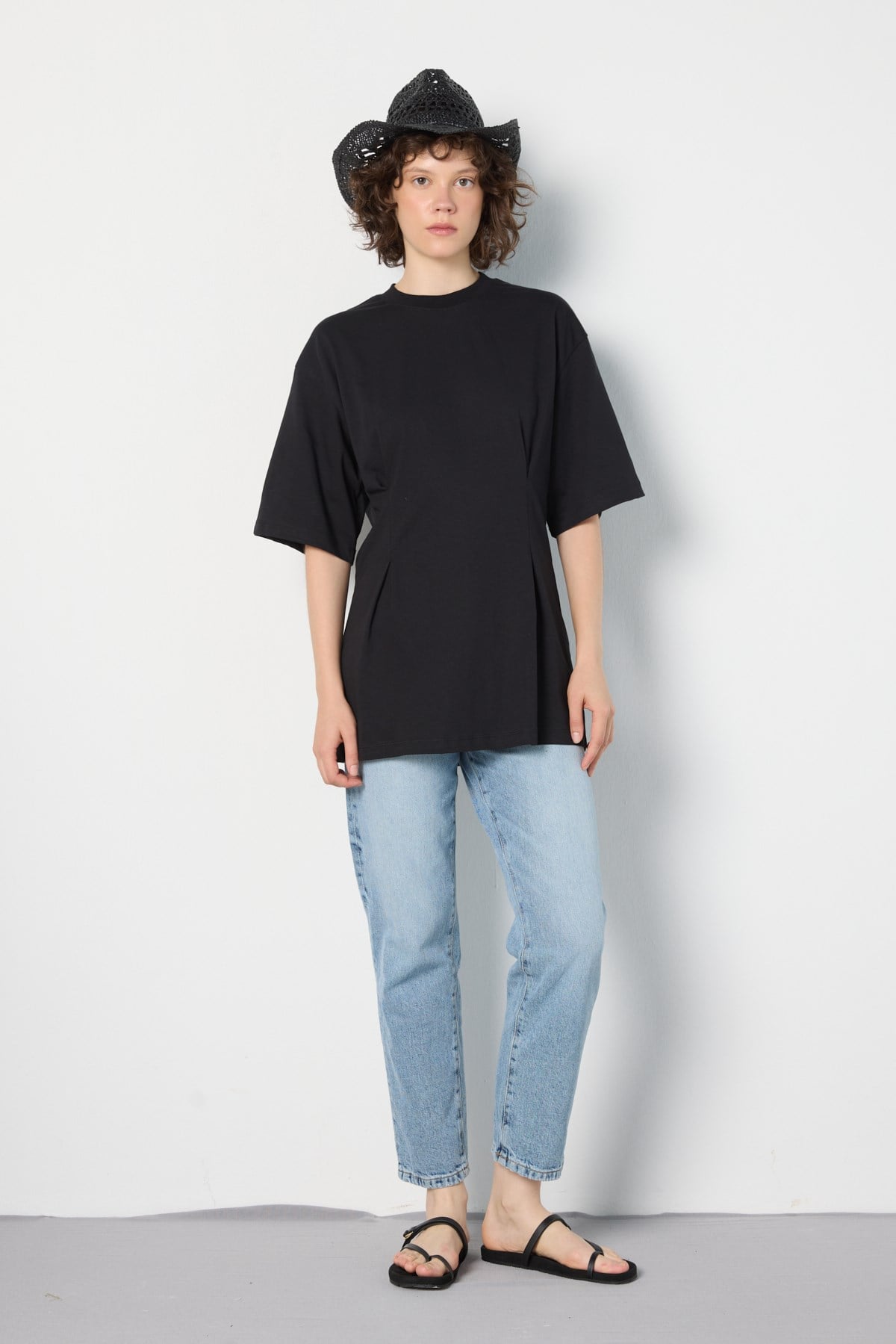 Kadın Bel Detaylı Oversize T-shirt Siyah