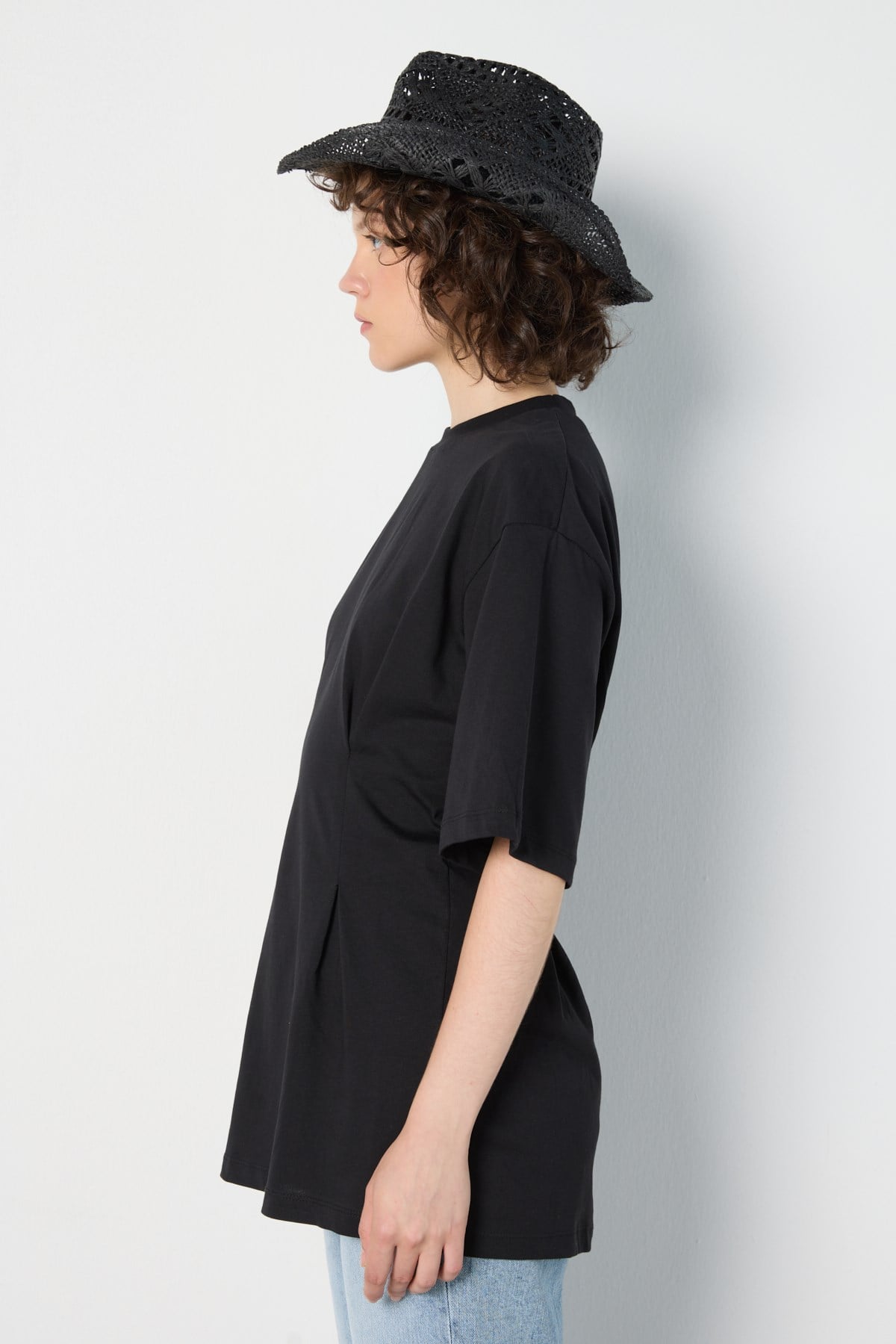 Kadın Bel Detaylı Oversize T-shirt Siyah