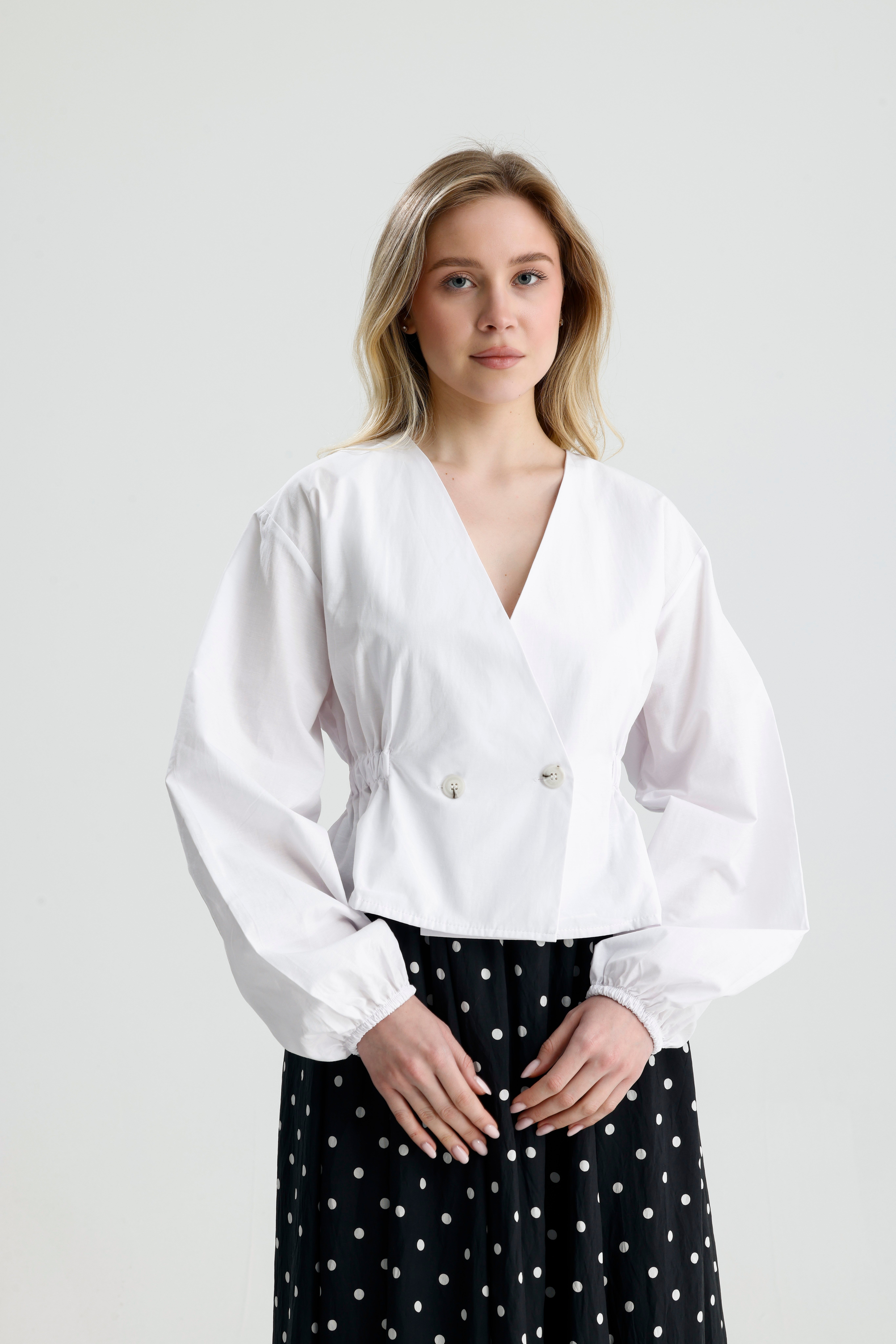 Kadın Beyaz Beli Lastik Detaylı Poplin Astarsız Ceket 31039