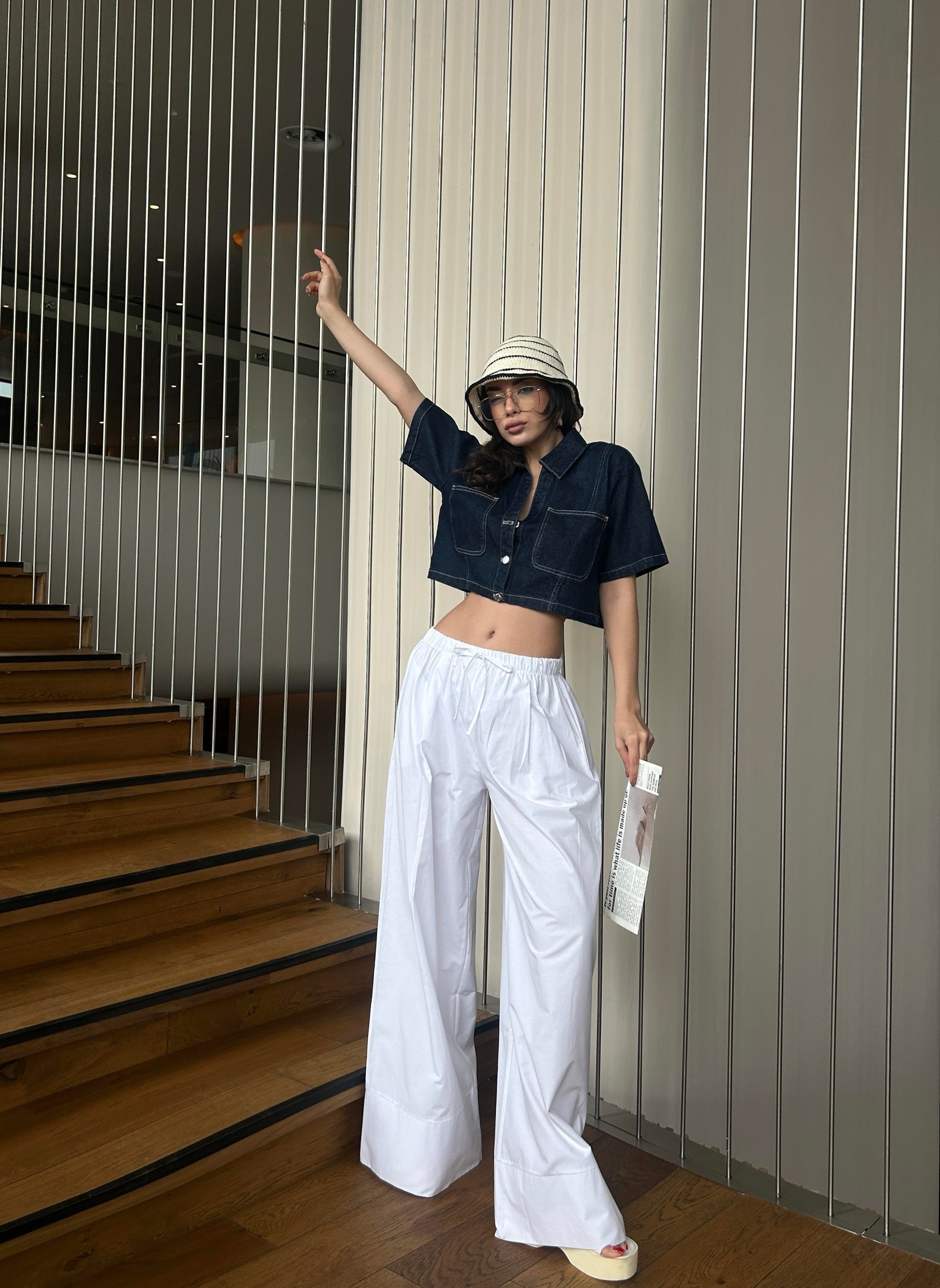 Kadın Beyaz Poplin Kumaş Beli Lastikli Cepli Pantolon 29083