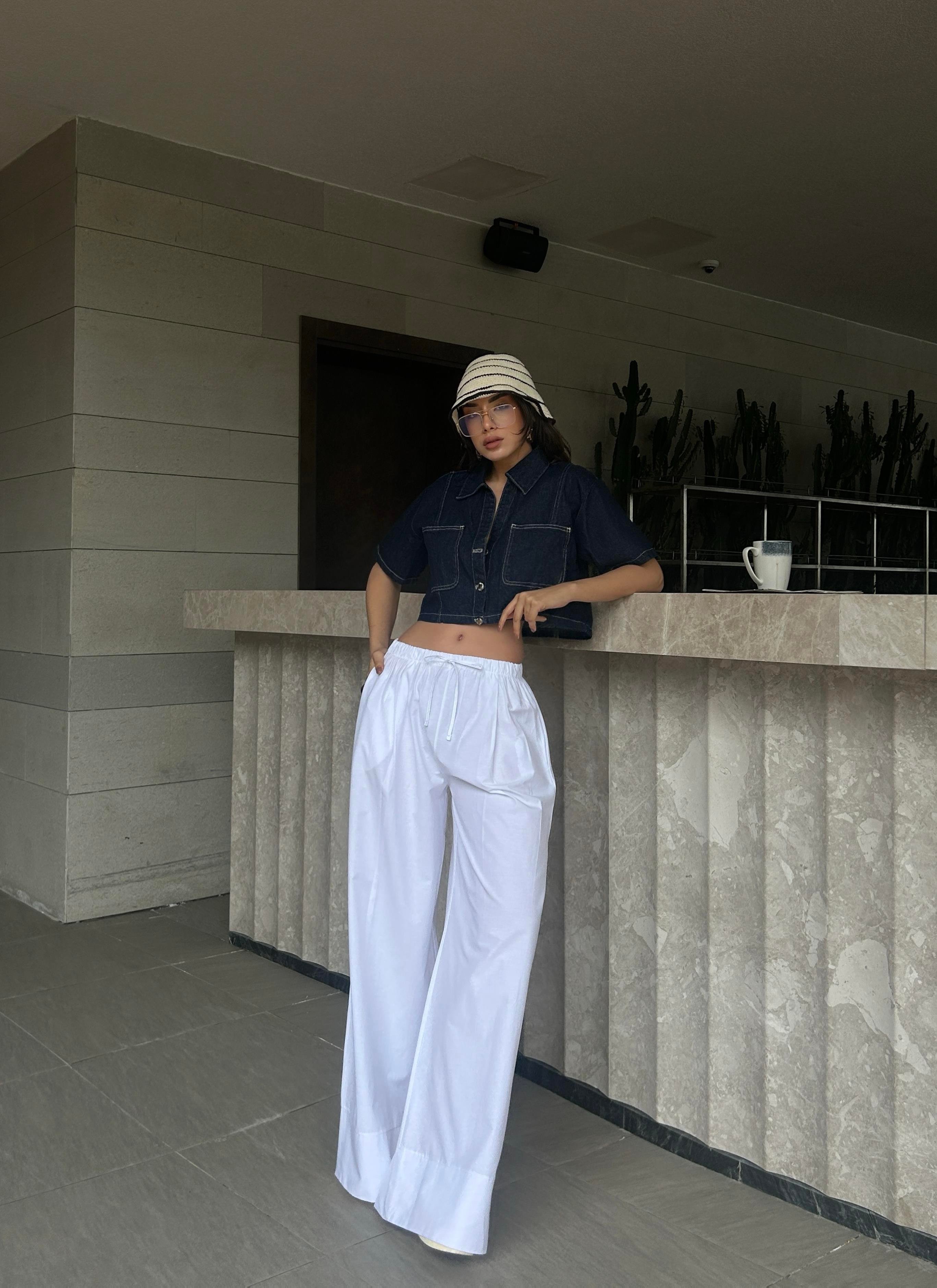 Kadın Beyaz Poplin Kumaş Beli Lastikli Cepli Pantolon 29083