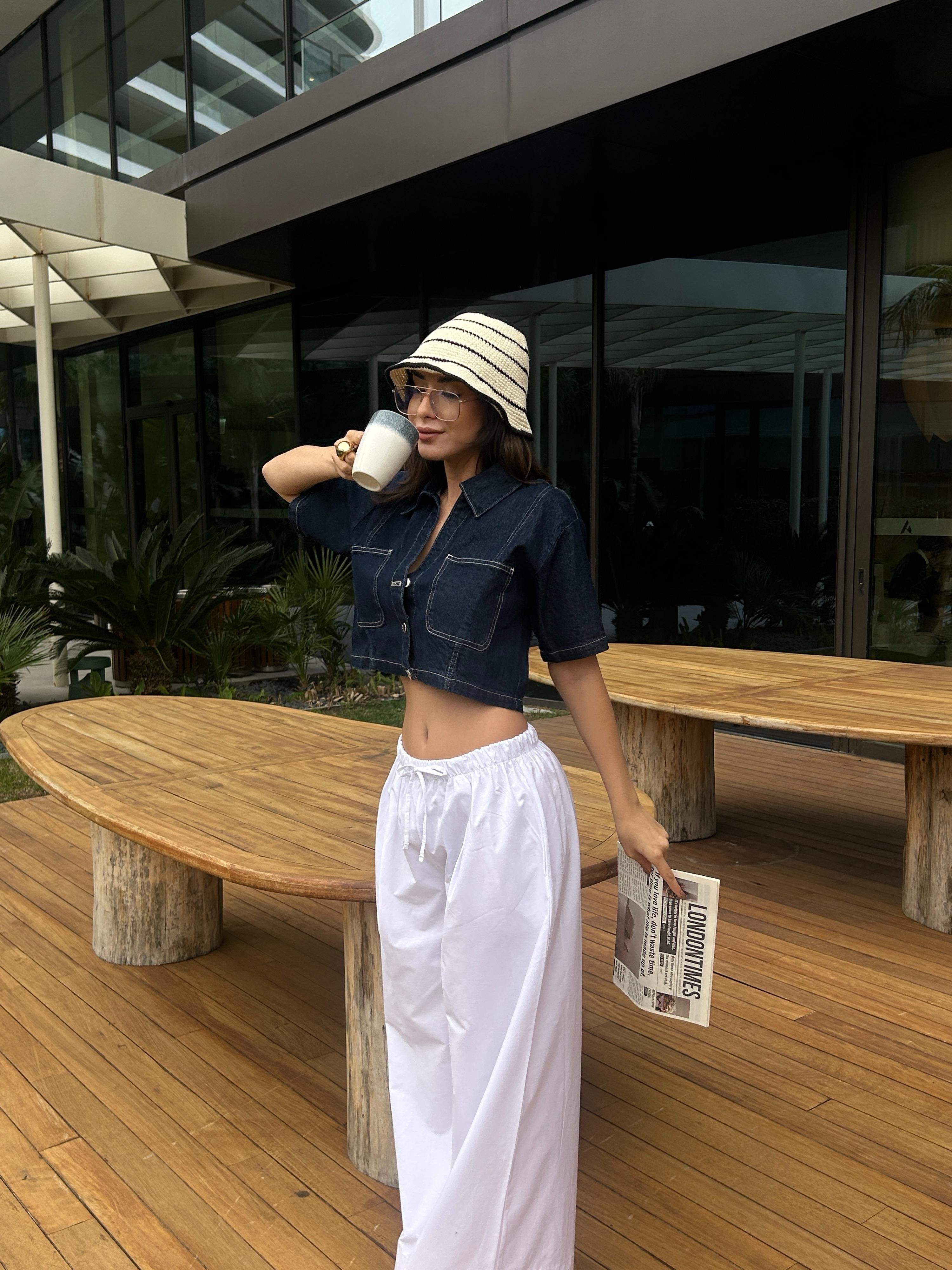 Kadın Beyaz Poplin Kumaş Beli Lastikli Cepli Pantolon 29083