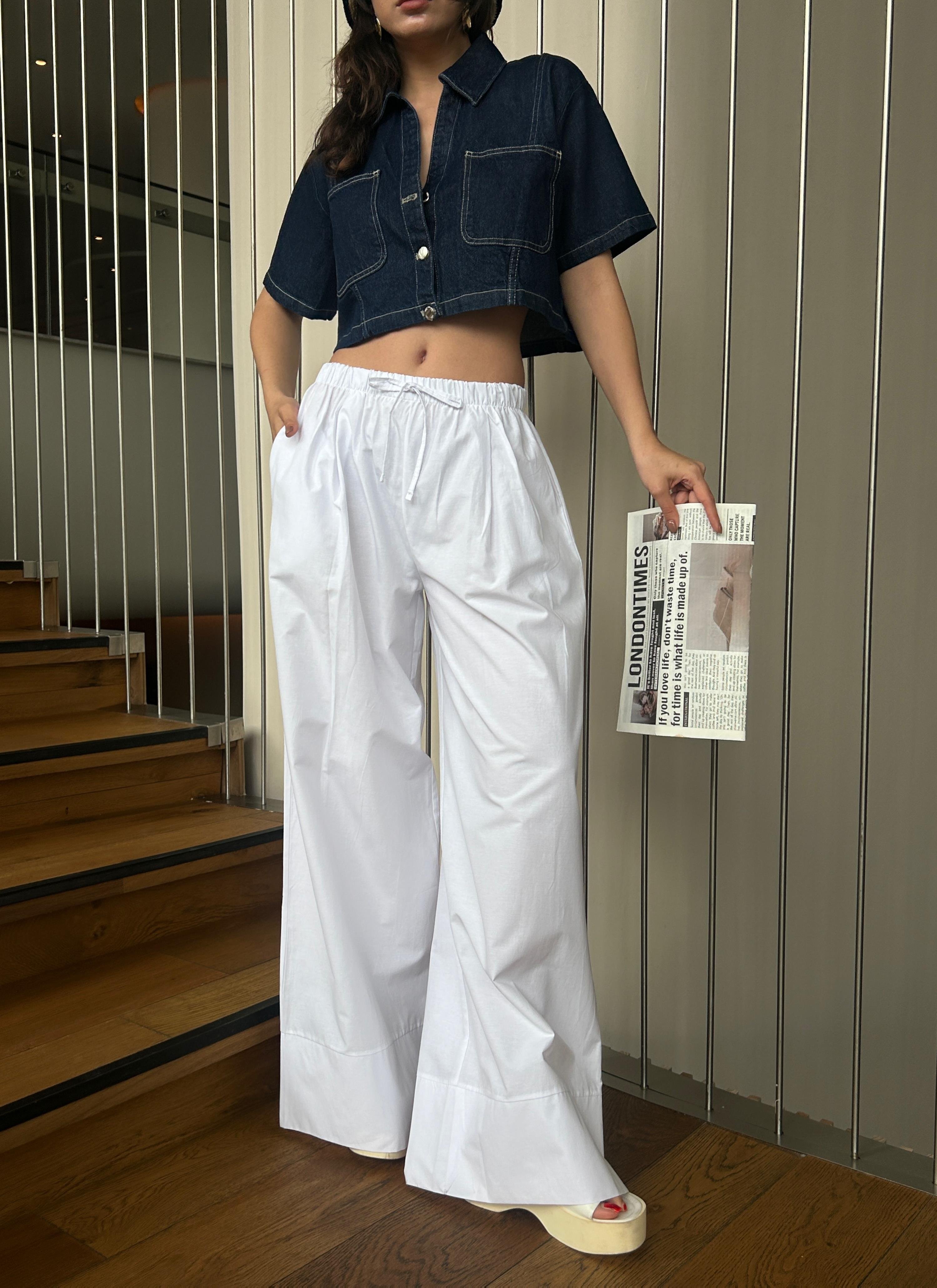 Kadın Beyaz Poplin Kumaş Beli Lastikli Cepli Pantolon 29083