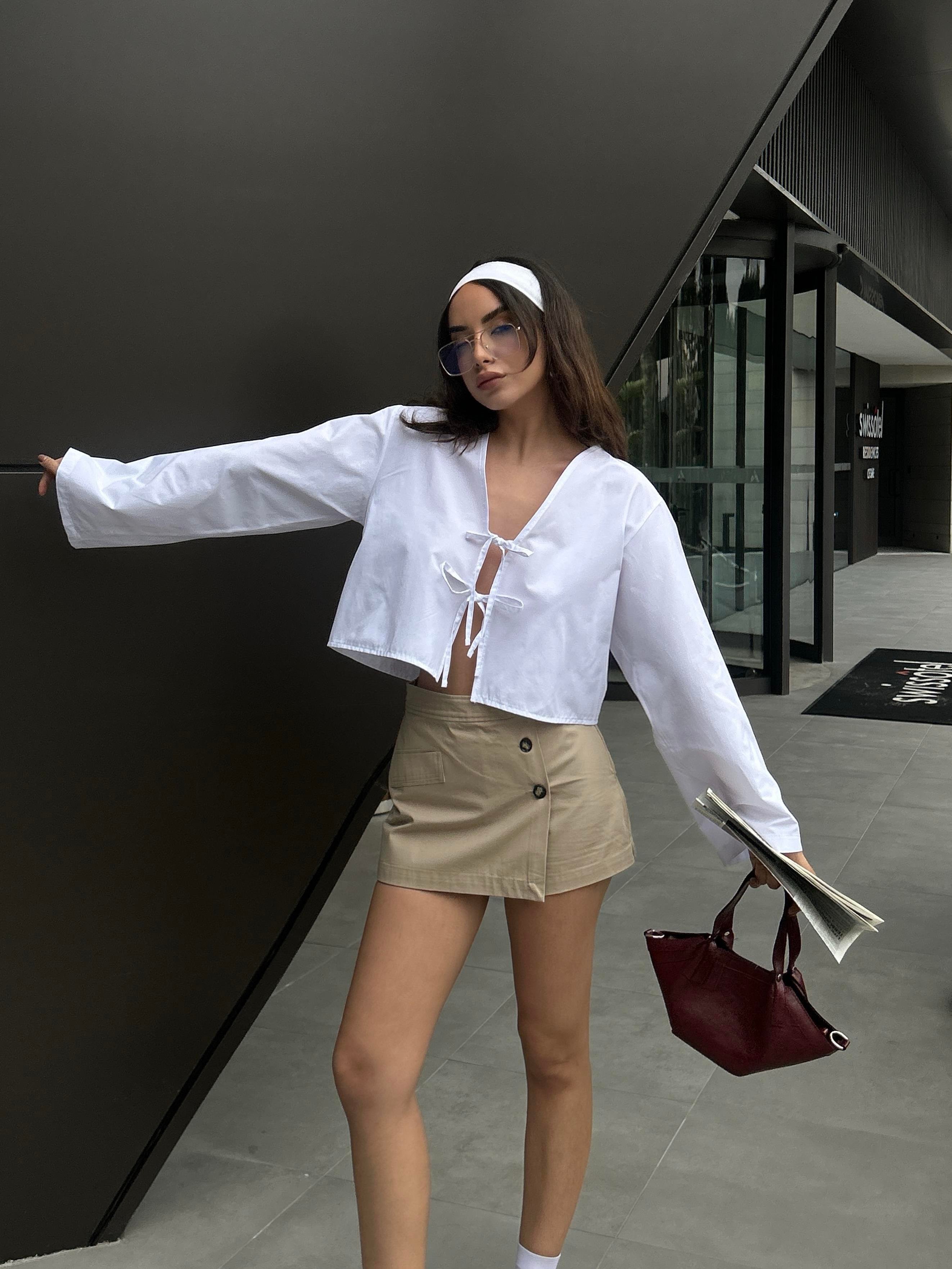 Kadın Beyaz Poplin Önden Bağlamalı Bluz 29085