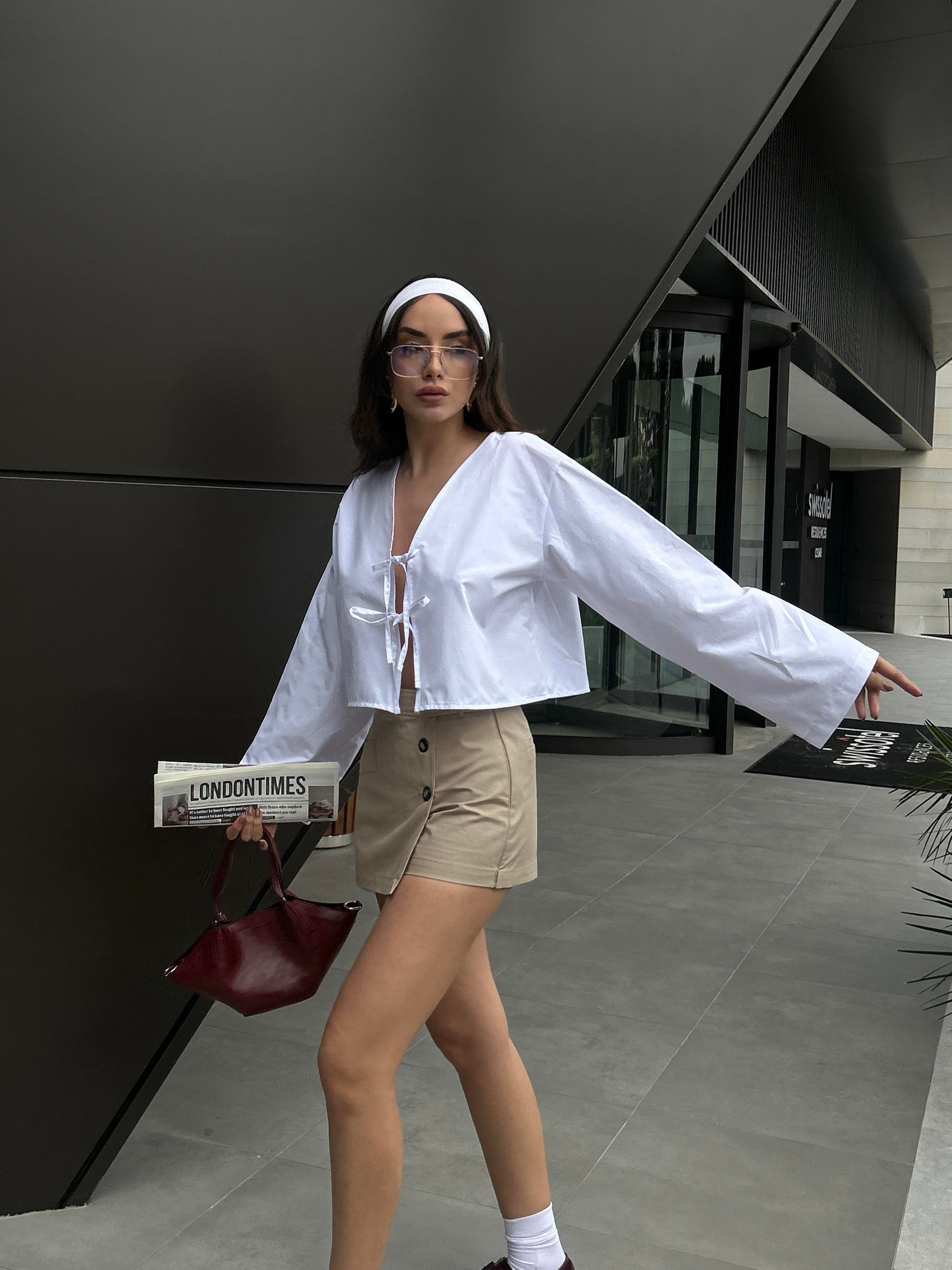 Kadın Beyaz Poplin Önden Bağlamalı Bluz 29085