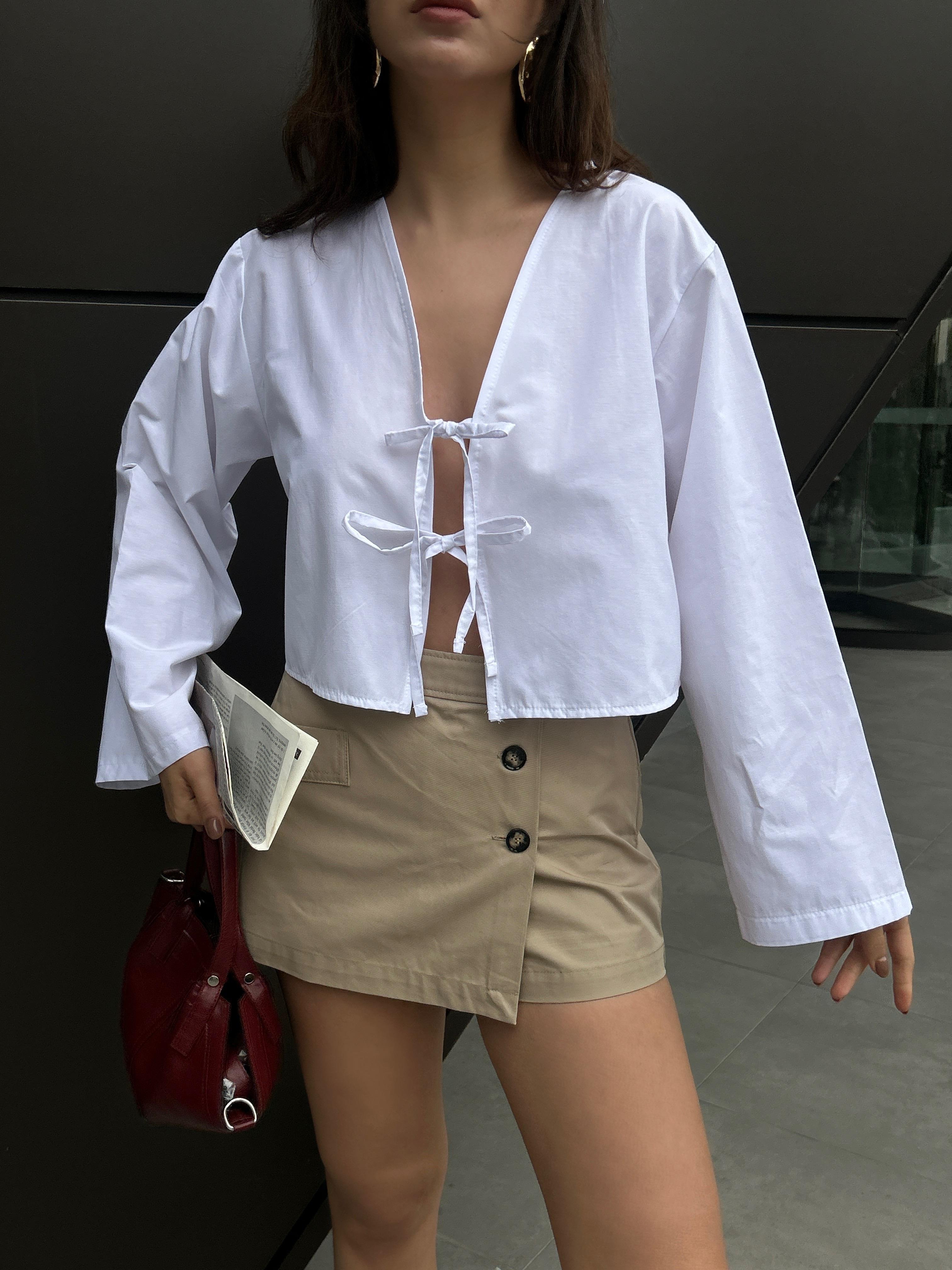 Kadın Beyaz Poplin Önden Bağlamalı Bluz 29085