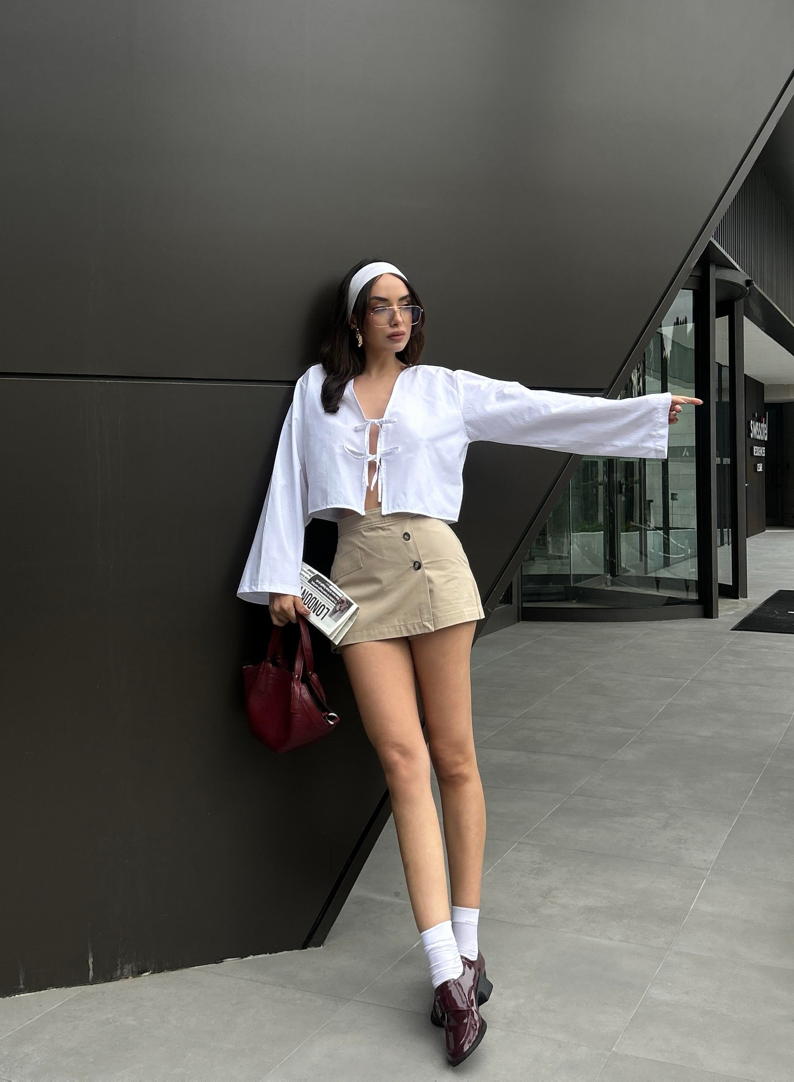 Kadın Beyaz Poplin Önden Bağlamalı Bluz 29085