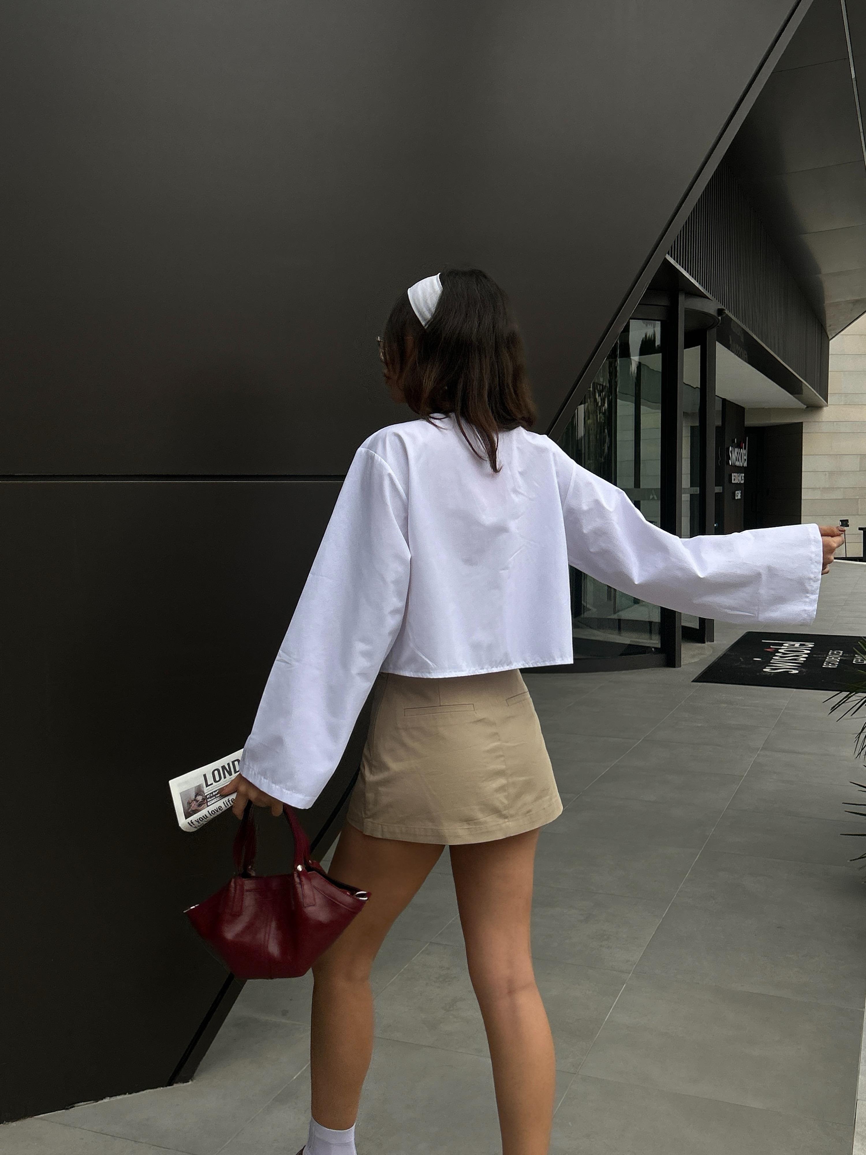 Kadın Beyaz Poplin Önden Bağlamalı Bluz 29085