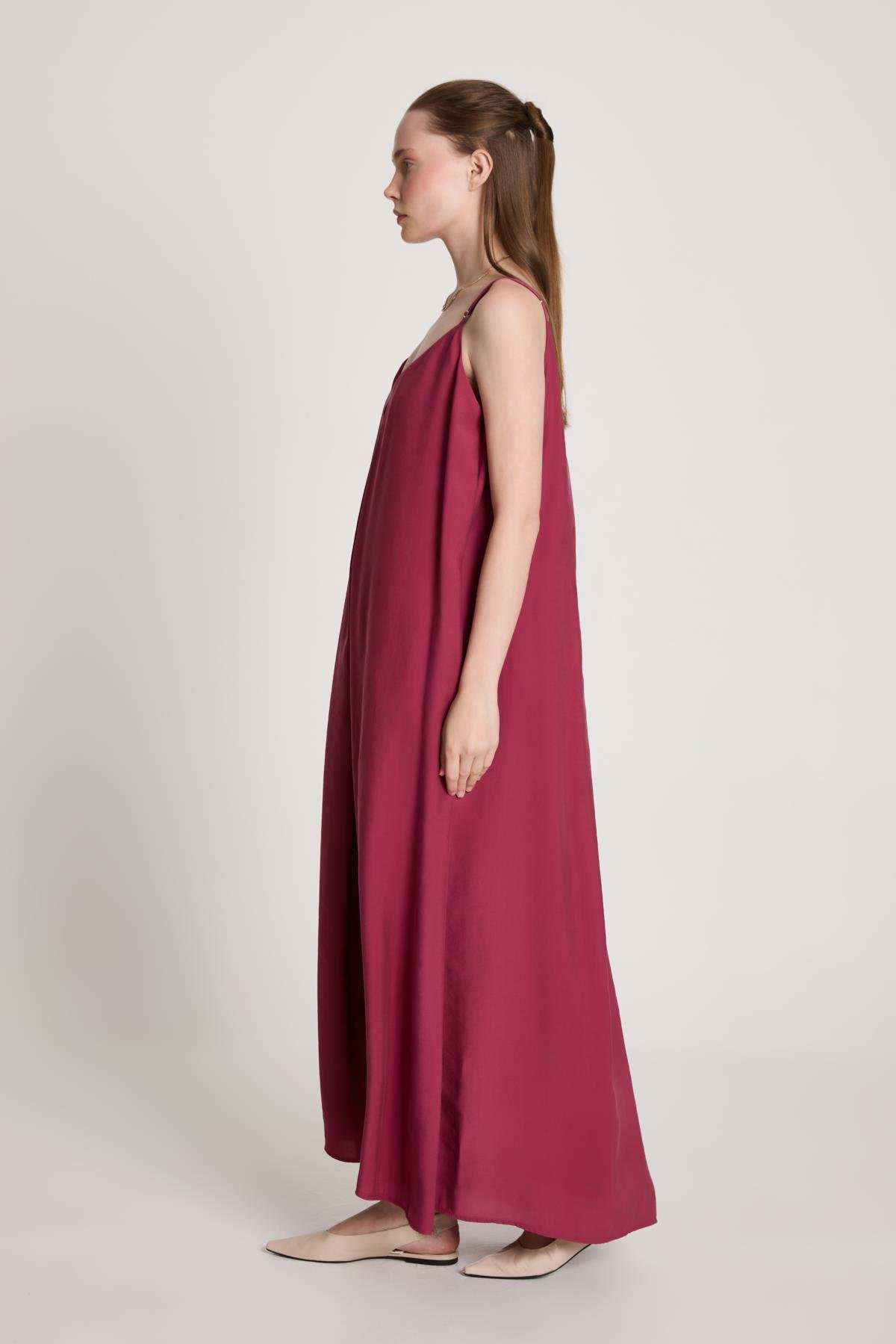 Kadın Bordo %100 Modal Askılı Bol Kesim Uzun Elbise 29201