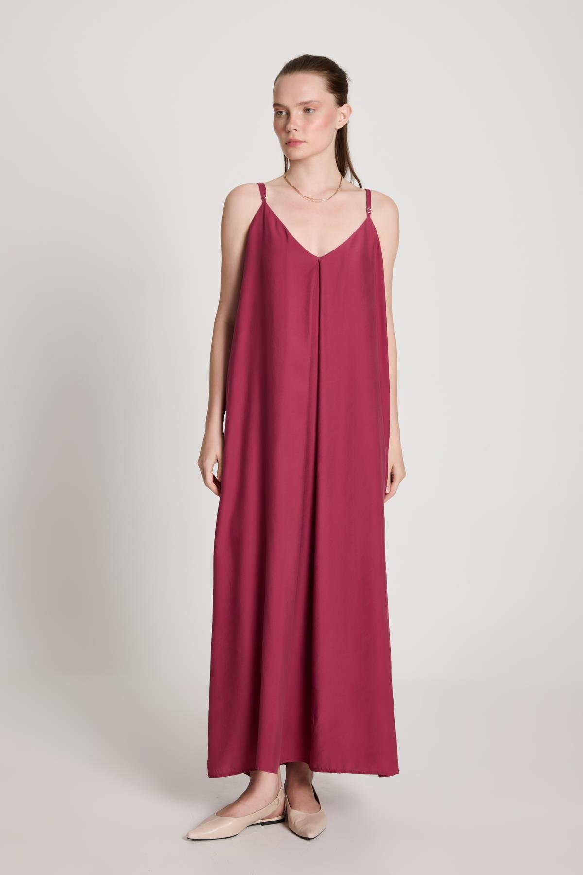 Kadın Bordo %100 Modal Askılı Bol Kesim Uzun Elbise 29201