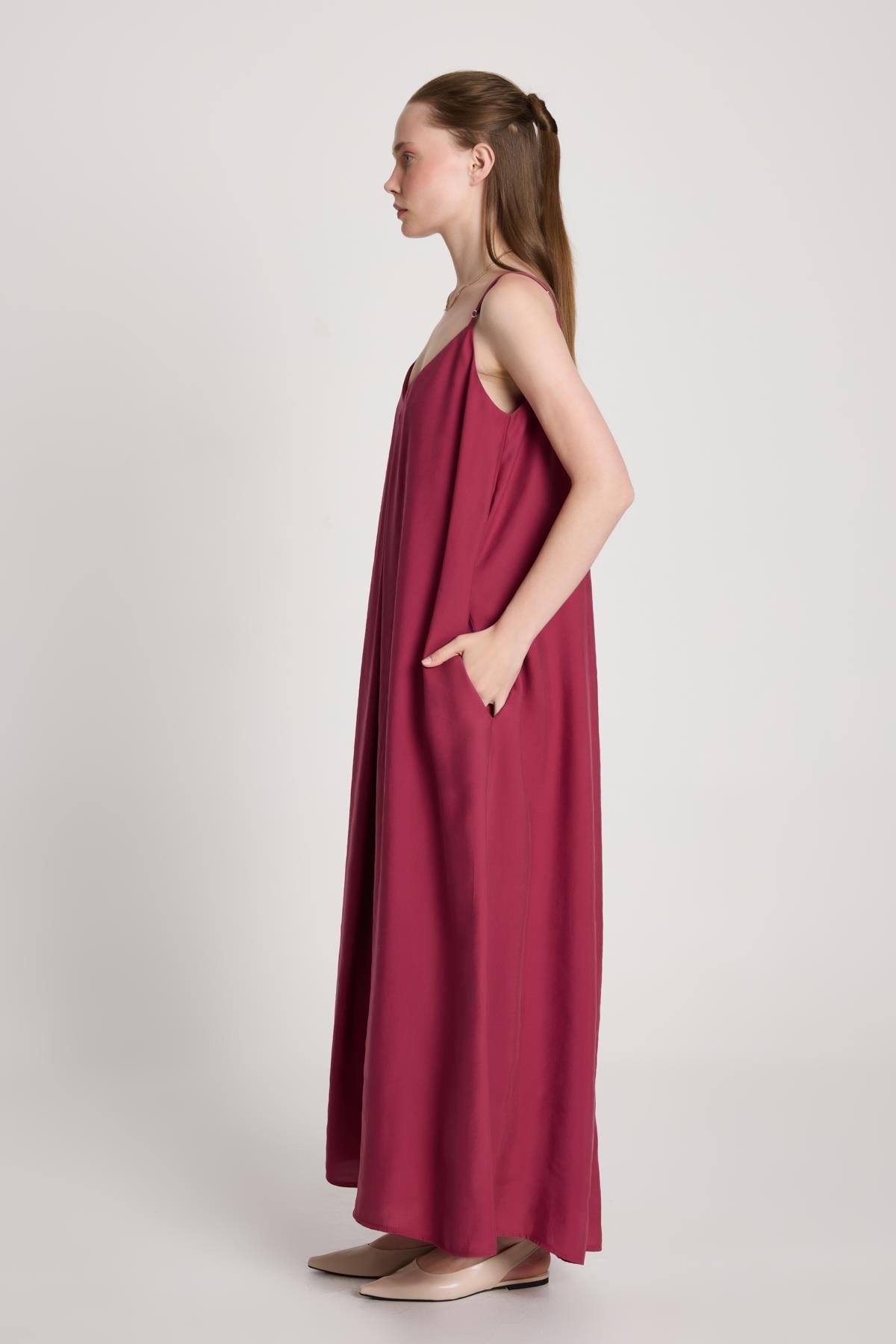 Kadın Bordo %100 Modal Askılı Bol Kesim Uzun Elbise 29201