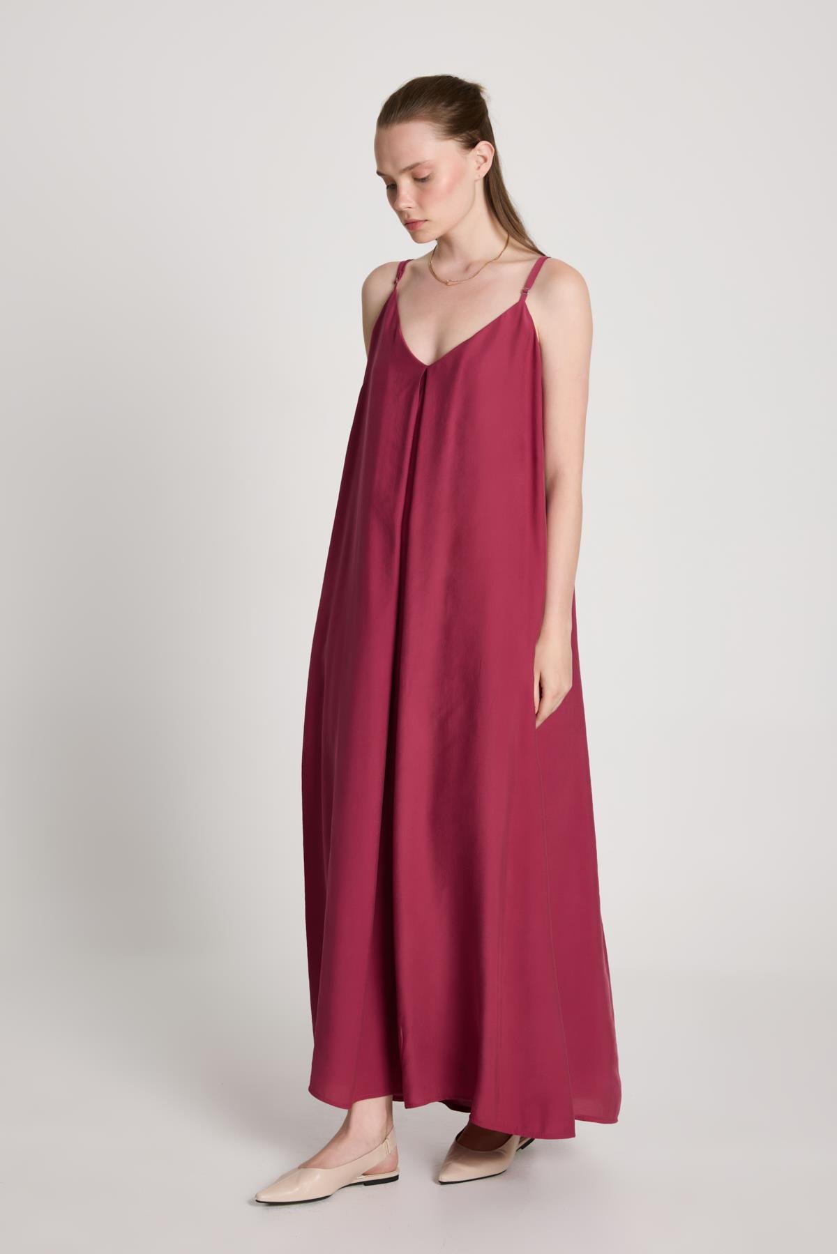 Kadın Bordo %100 Modal Askılı Bol Kesim Uzun Elbise 29201