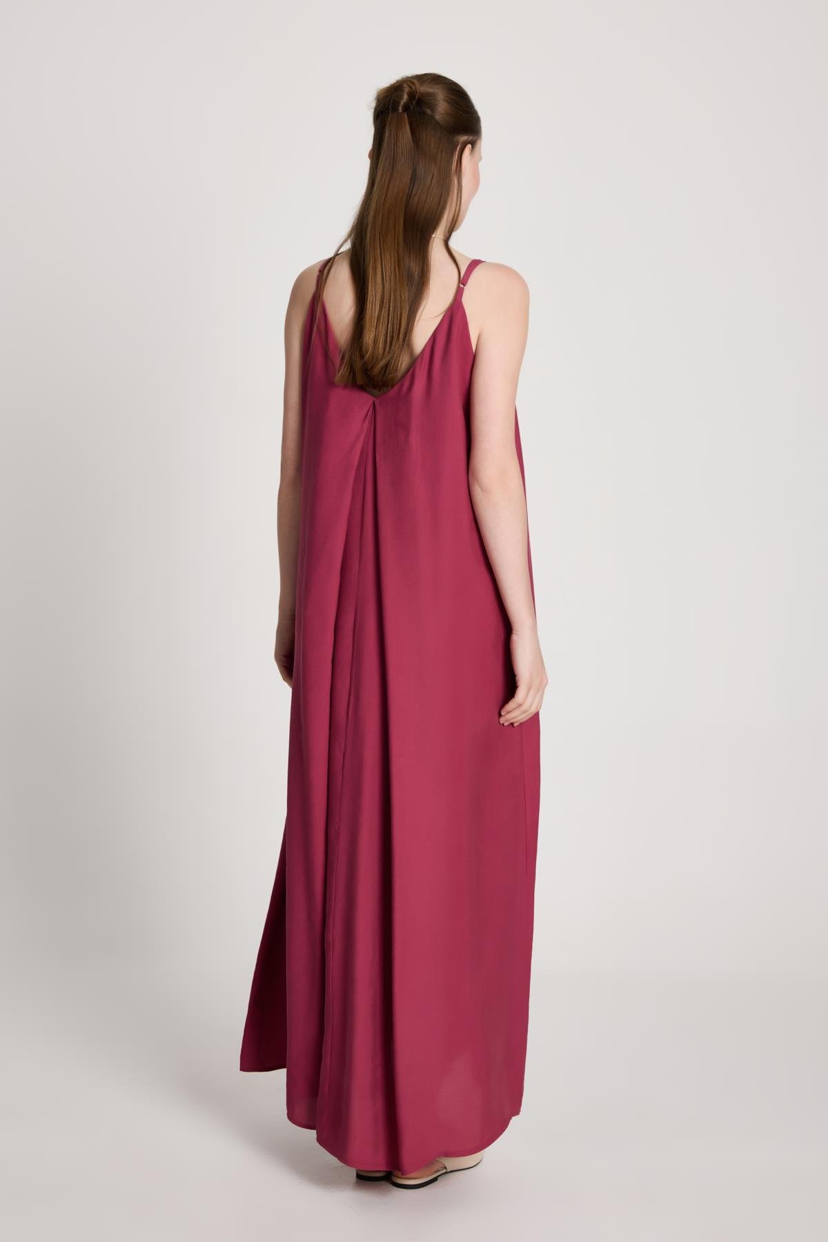 Kadın Bordo %100 Modal Askılı Bol Kesim Uzun Elbise 29201