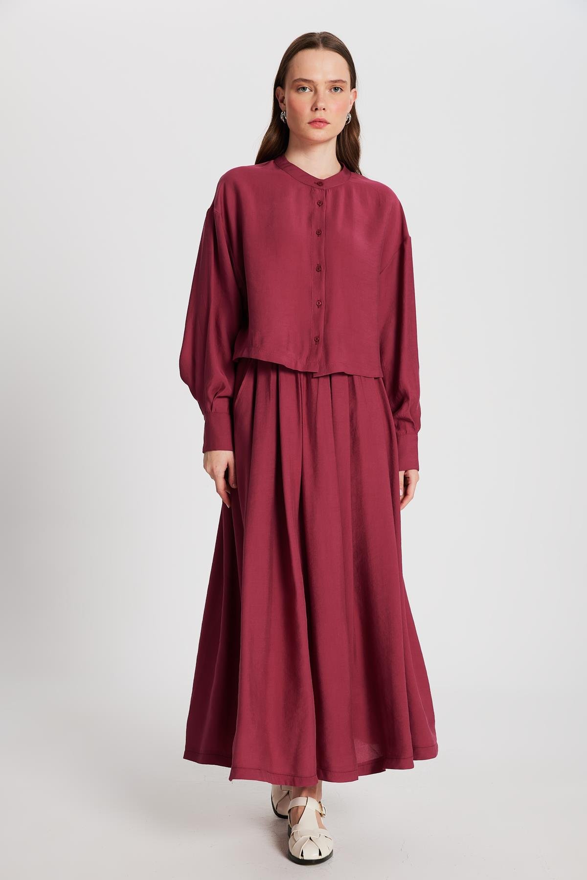 Kadın Bordo %100 Modal Hakim Yaka Kısa Gömlek 29147