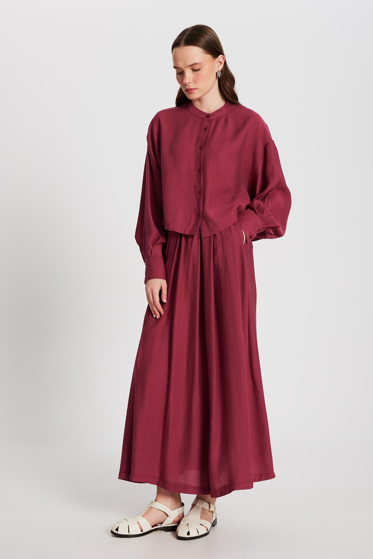 Kadın Bordo %100 Modal Hakim Yaka Kısa Gömlek 29147