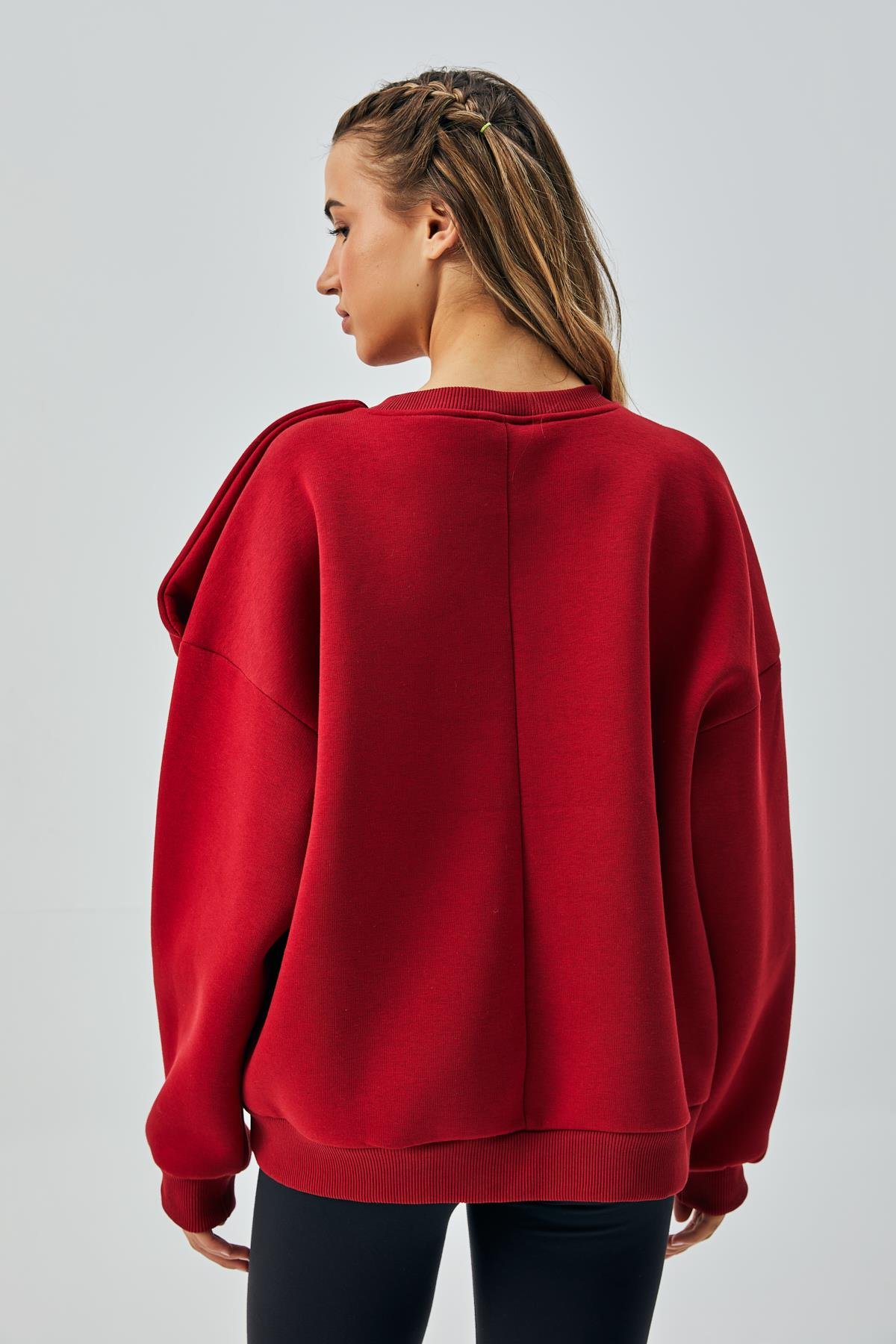 Kadın Bordo 3 İplik Şardonlu Fiyonklu Tasarım Geniş Kesim Sweatshirt 28155