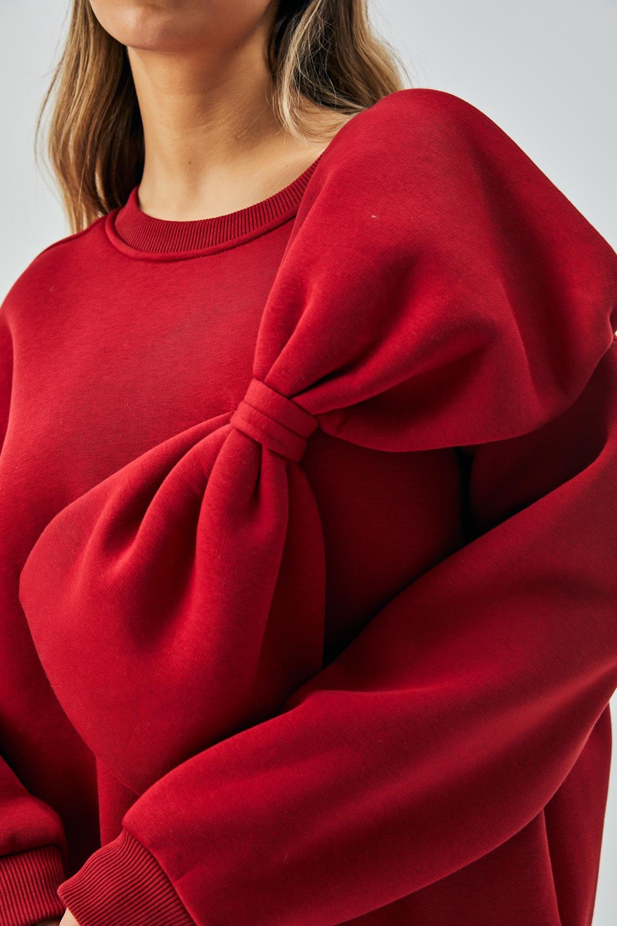 Kadın Bordo 3 İplik Şardonlu Fiyonklu Tasarım Geniş Kesim Sweatshirt 28155