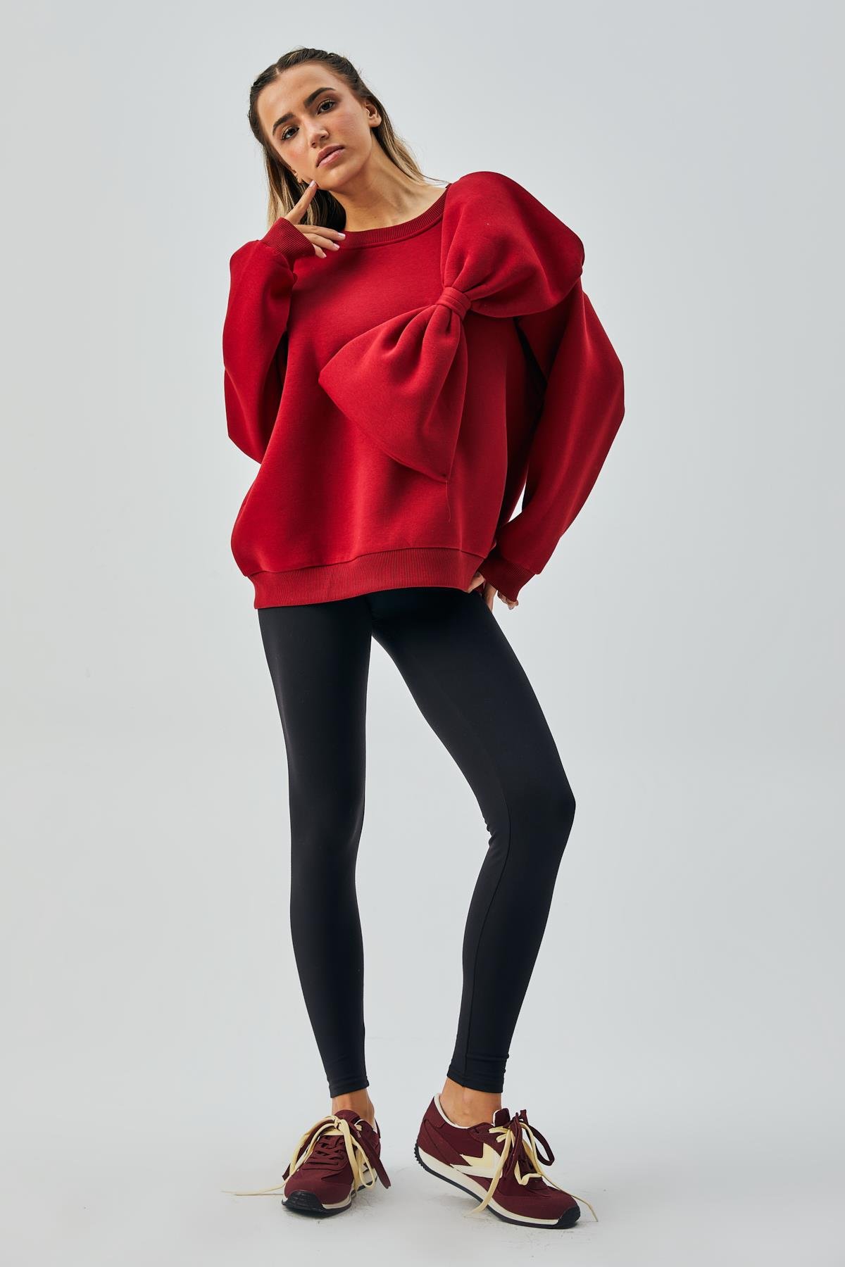 Kadın Bordo 3 İplik Şardonlu Fiyonklu Tasarım Geniş Kesim Sweatshirt 28155