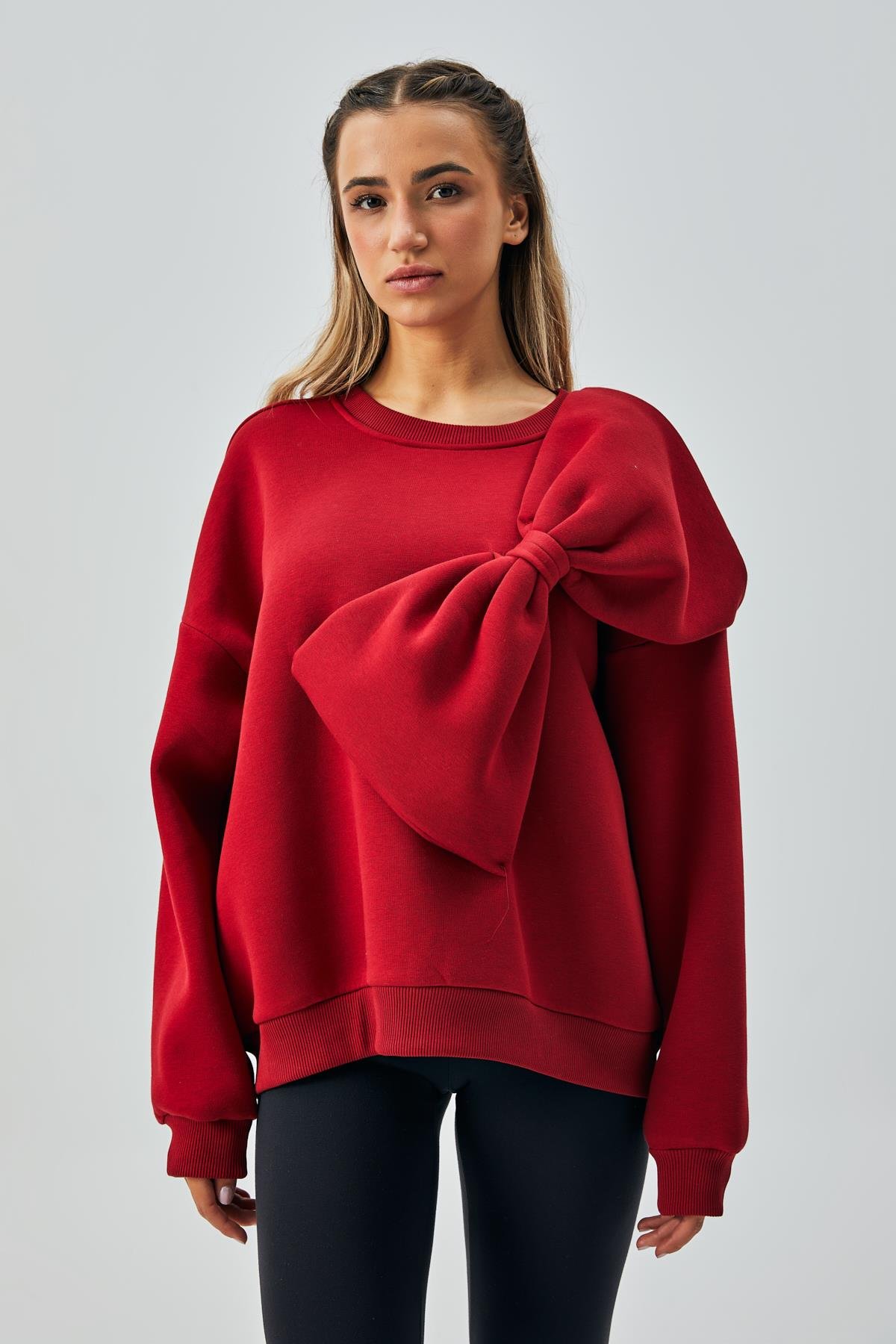 Kadın Bordo 3 İplik Şardonlu Fiyonklu Tasarım Geniş Kesim Sweatshirt 28155
