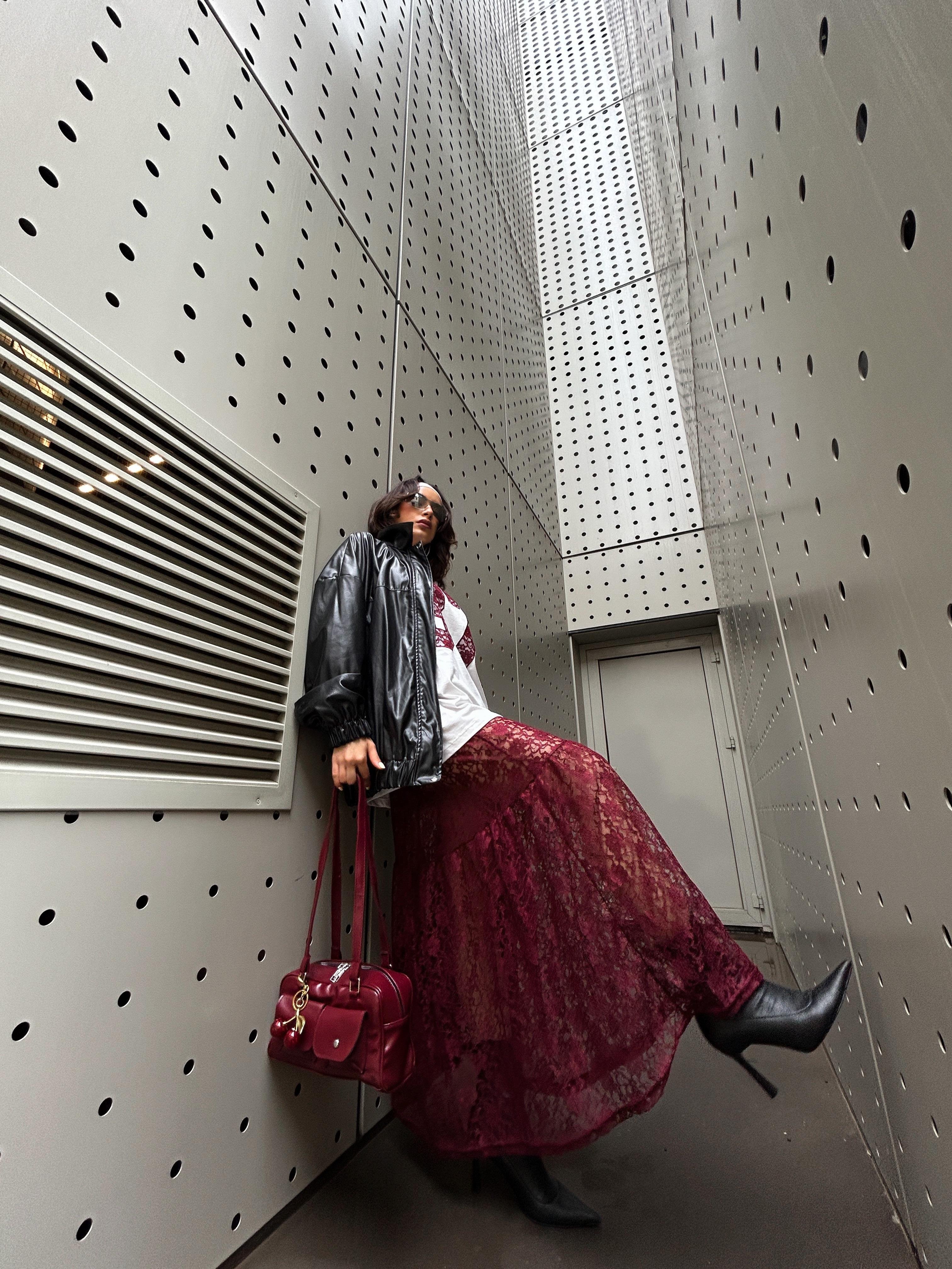 Kadın Bordo Astarsız Dantel Etek 29056