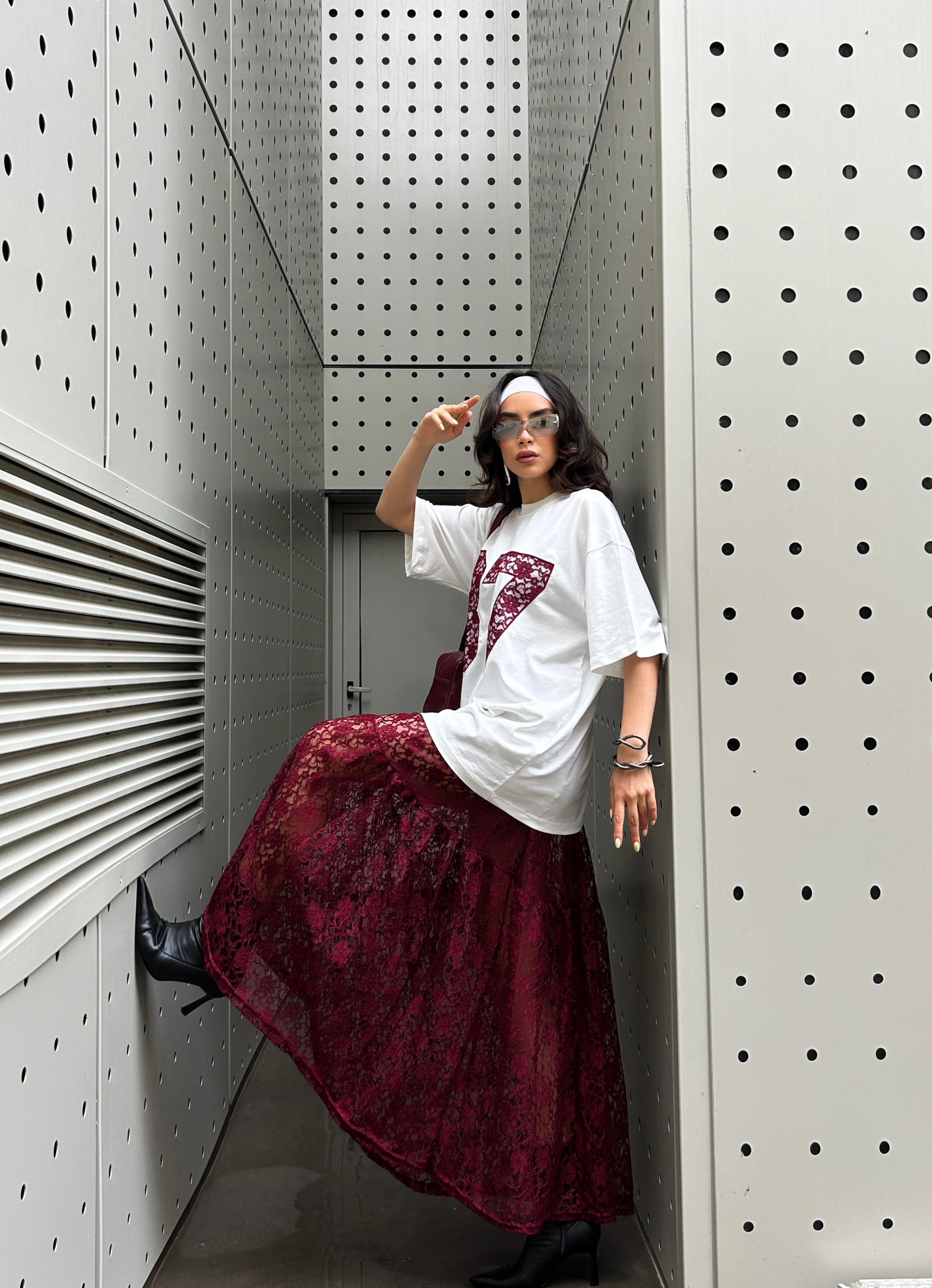 Kadın Bordo Astarsız Dantel Etek 29056