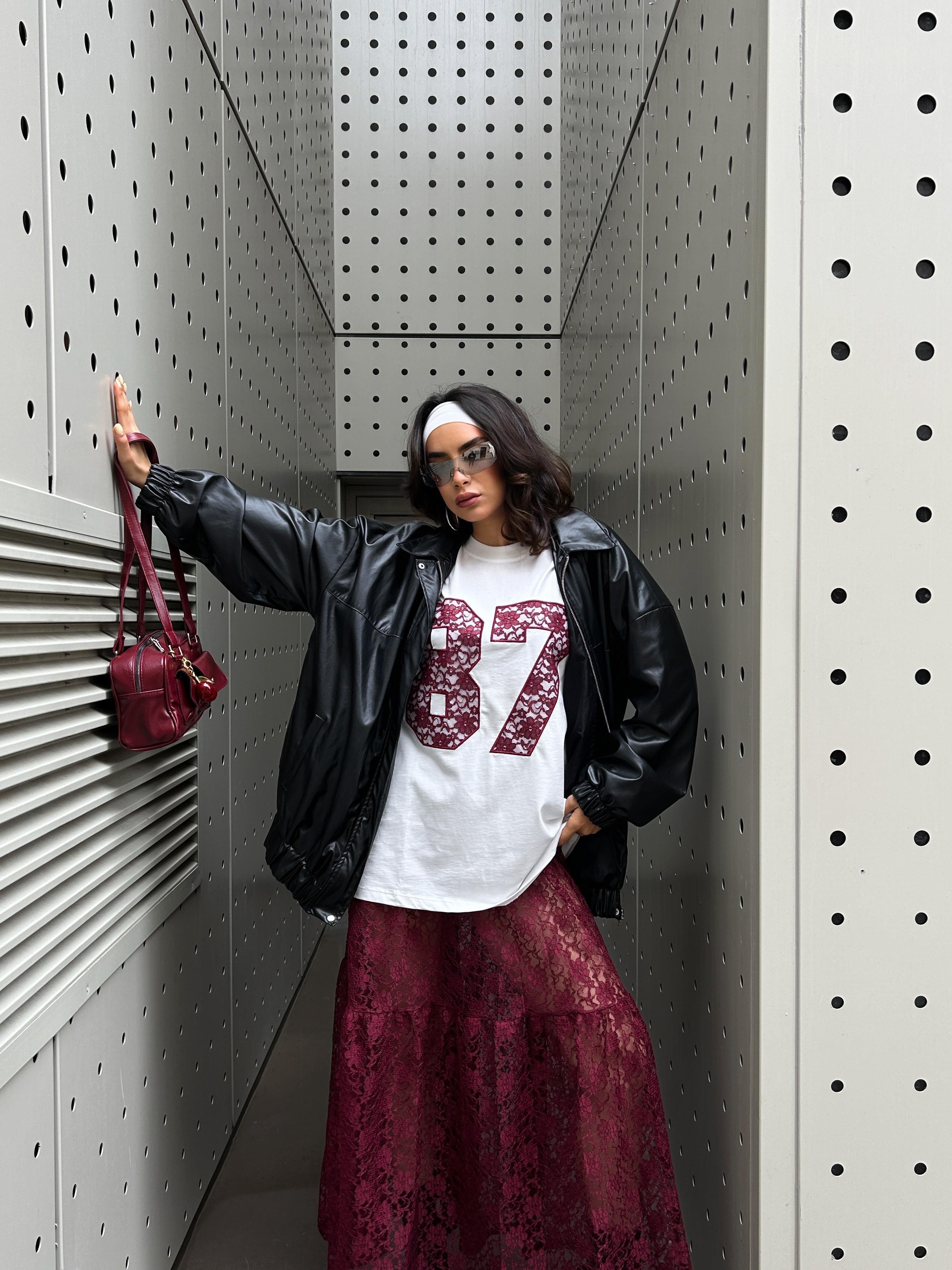 Kadın Bordo Astarsız Dantel Etek 29056