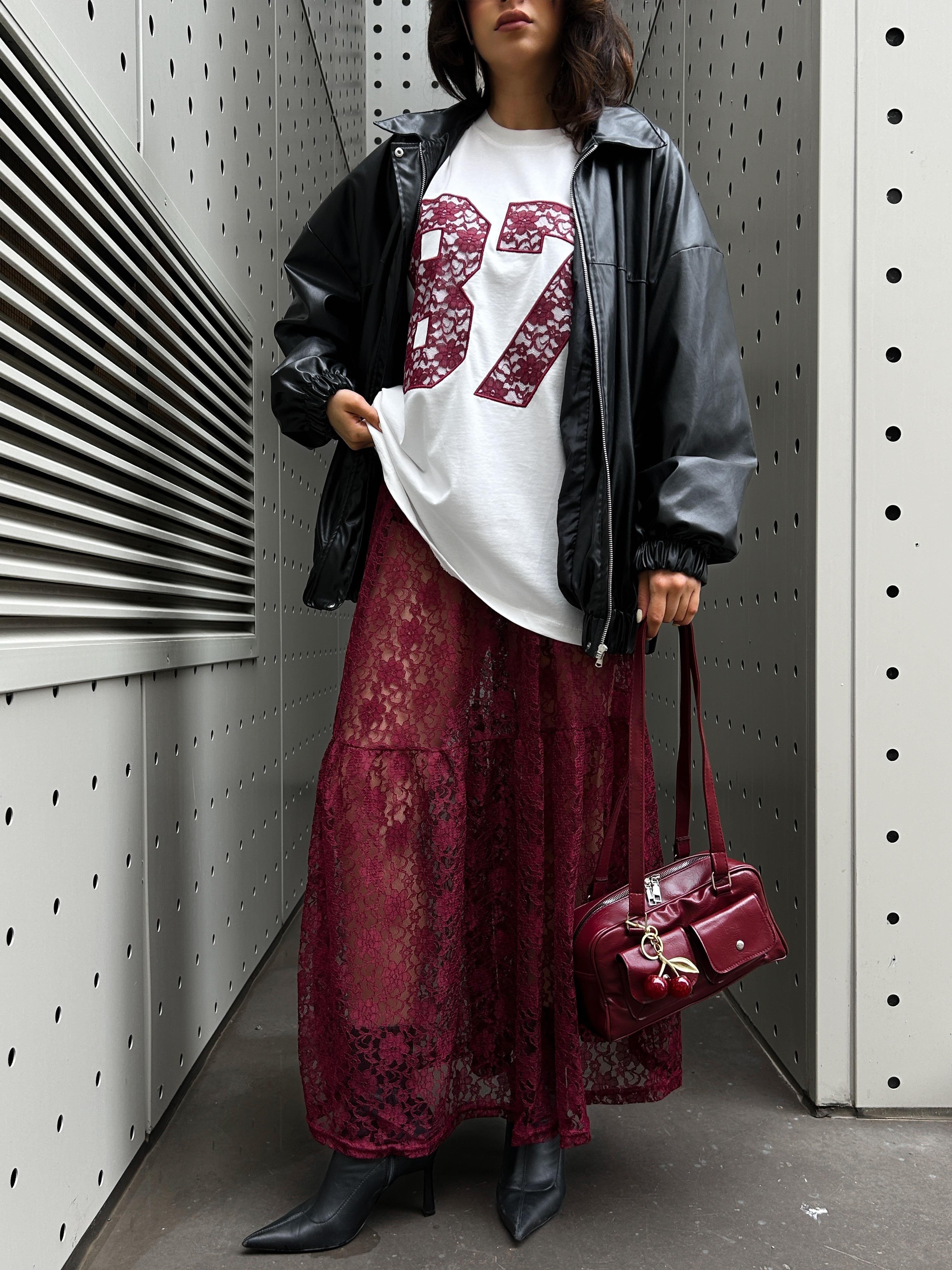 Kadın Bordo Astarsız Dantel Etek 29056