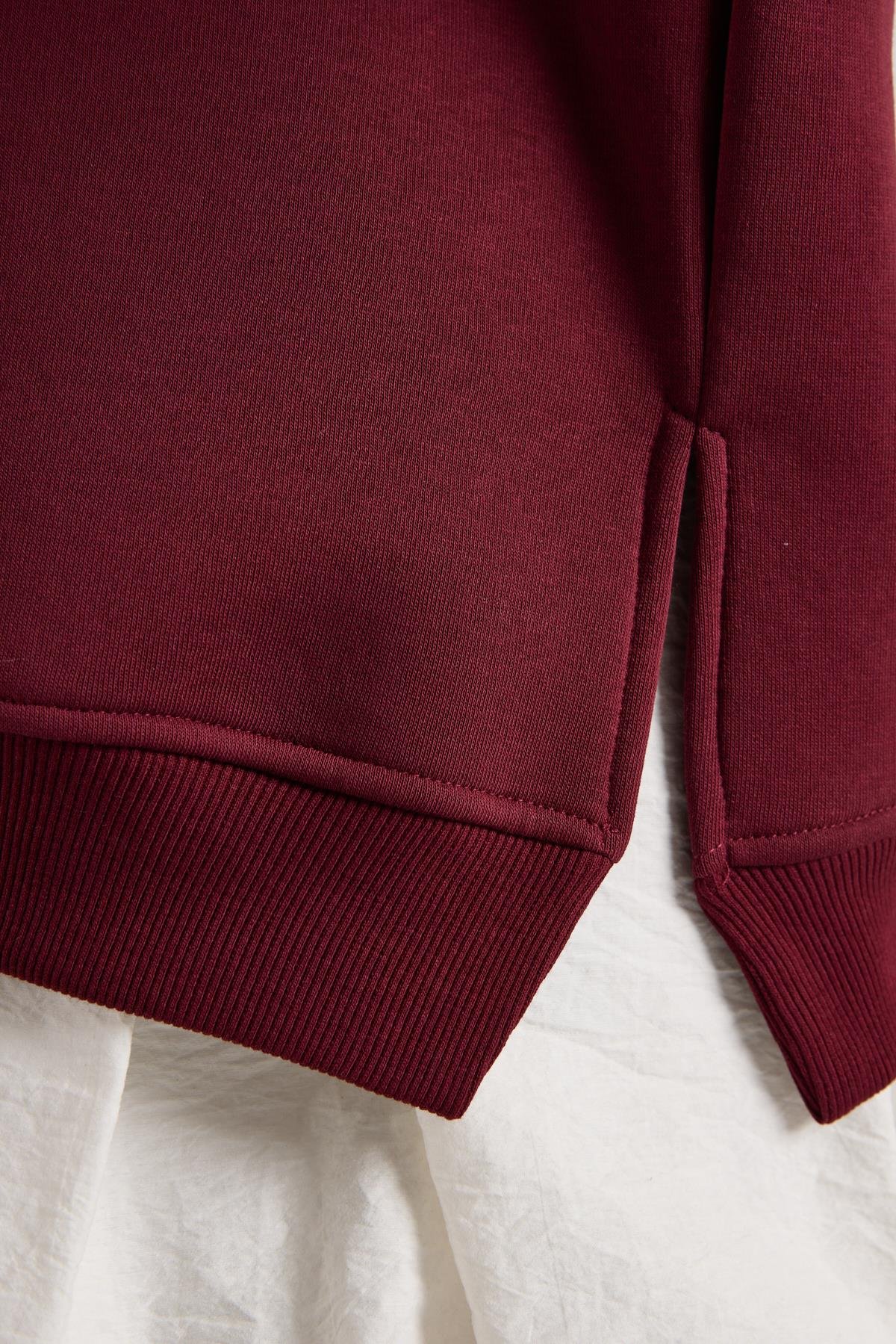 Kadın Bordo Basic Yırtmaçlı Oversize 3 iplik Şardonlu Sweatshirts 30078 