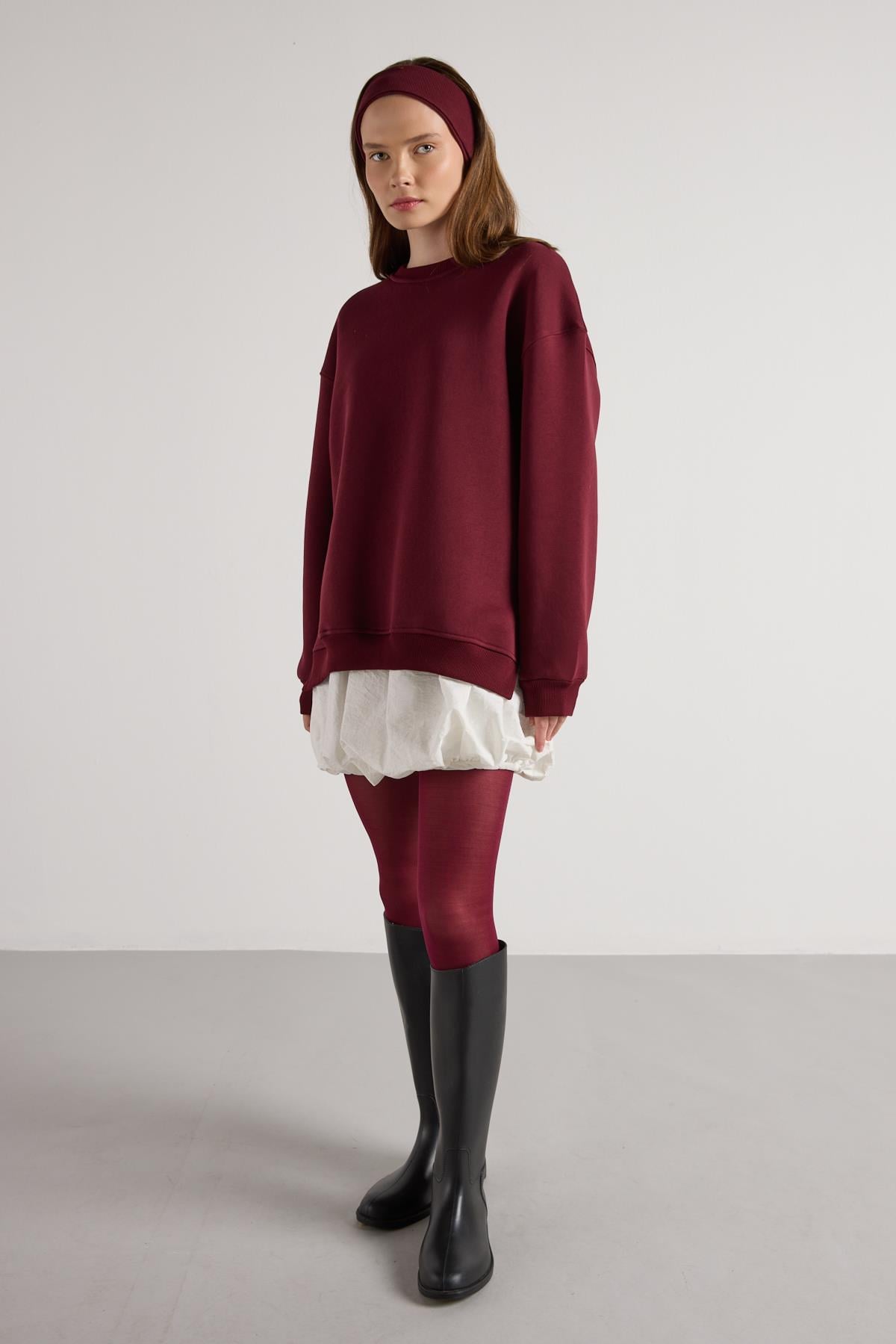 Kadın Bordo Basic Yırtmaçlı Oversize 3 iplik Şardonlu Sweatshirts 30078 