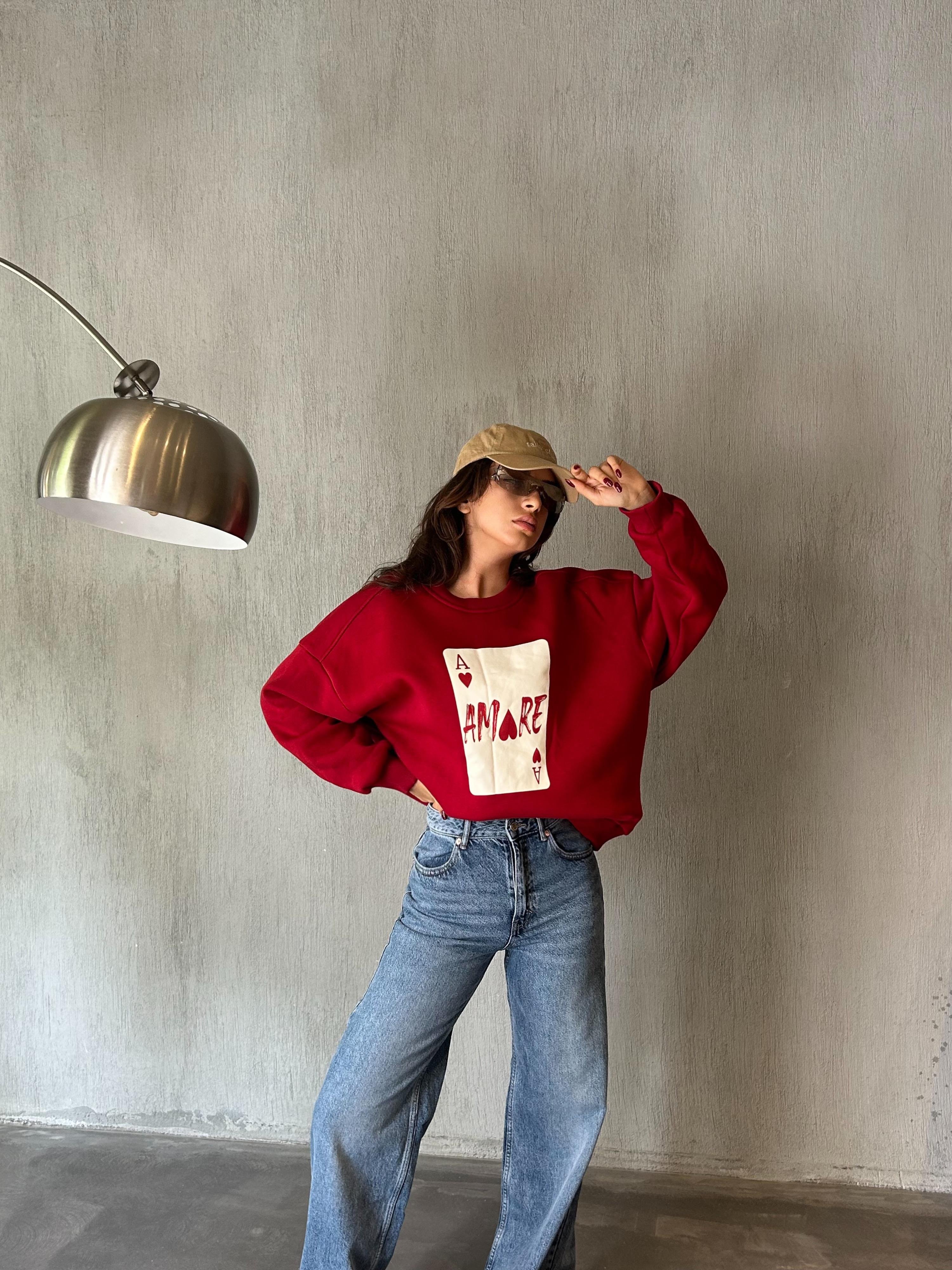 Kadın Bordo Baskılı Şardonlu 3 İplik Pamuk Sweatshirt 28059