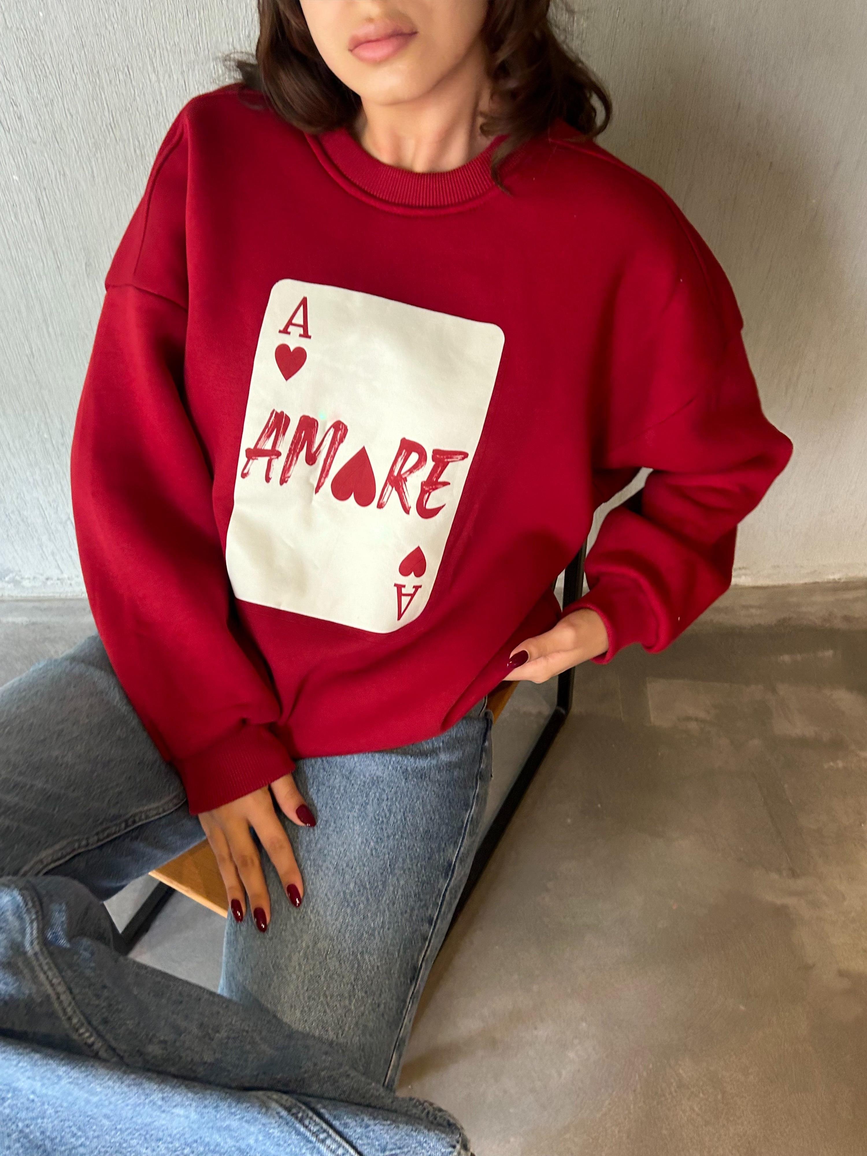 Kadın Bordo Baskılı Şardonlu 3 İplik Pamuk Sweatshirt 28059