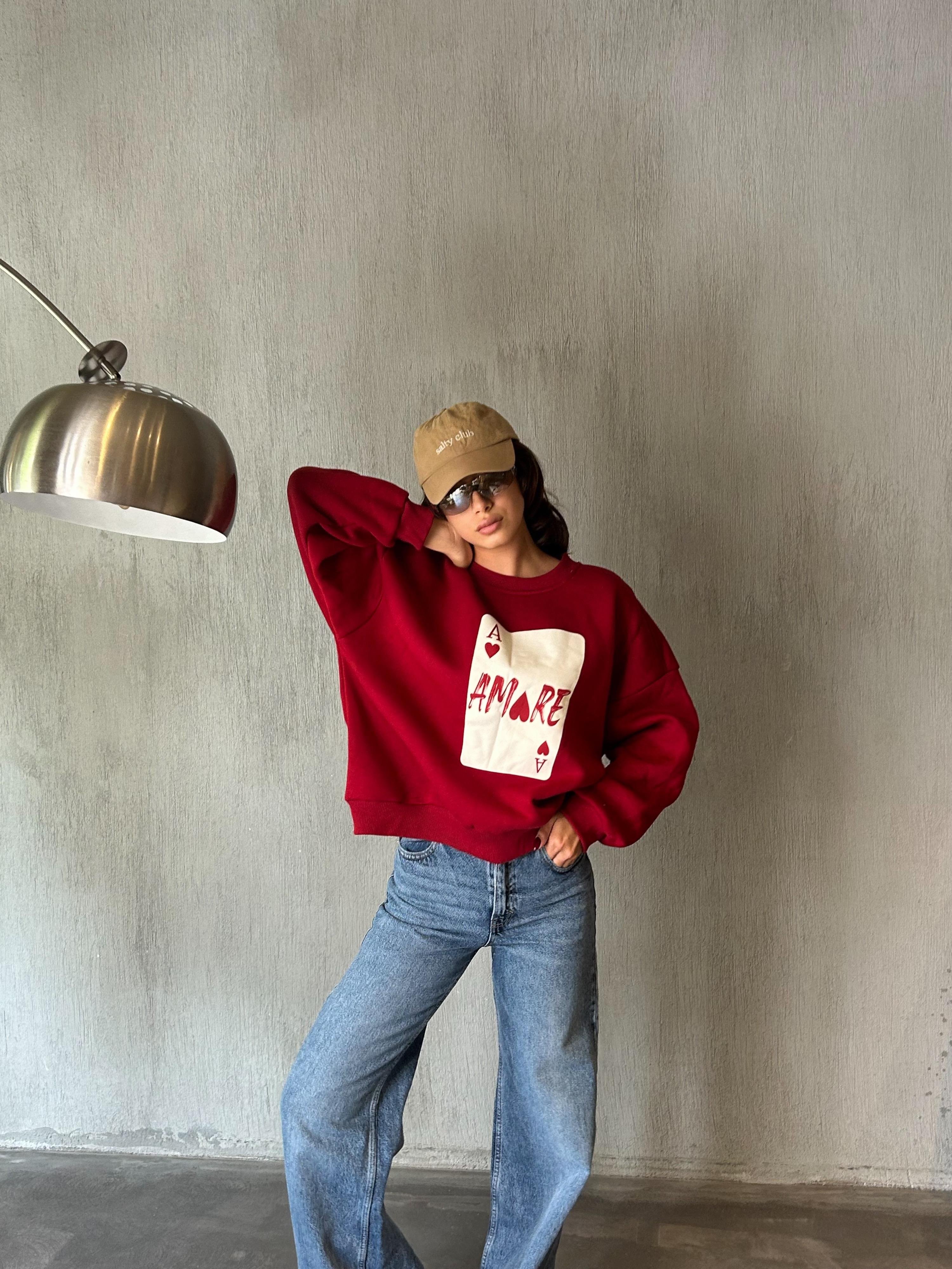 Kadın Bordo Baskılı Şardonlu 3 İplik Pamuk Sweatshirt 28059