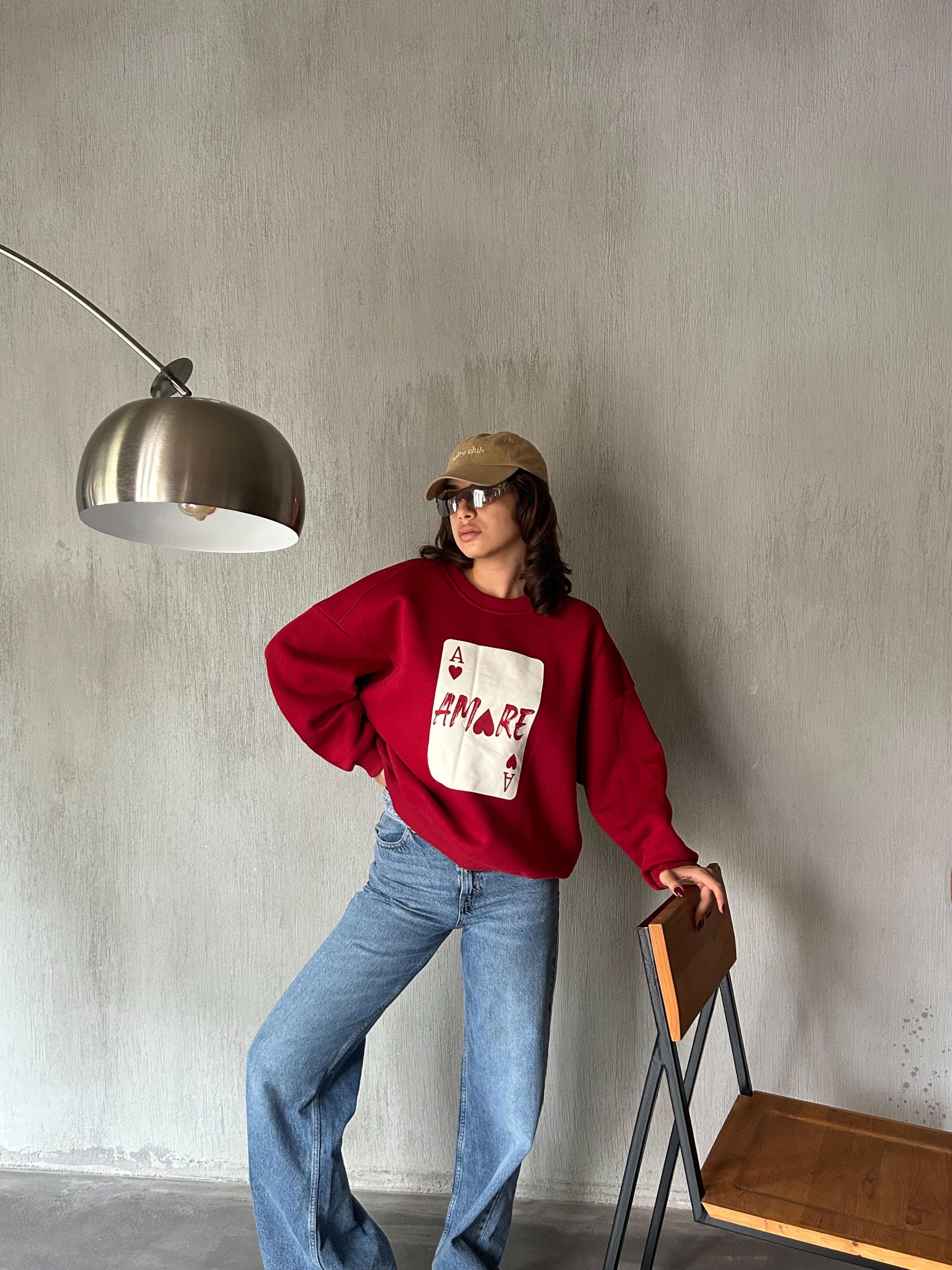 Kadın Bordo Baskılı Şardonlu 3 İplik Pamuk Sweatshirt 28059