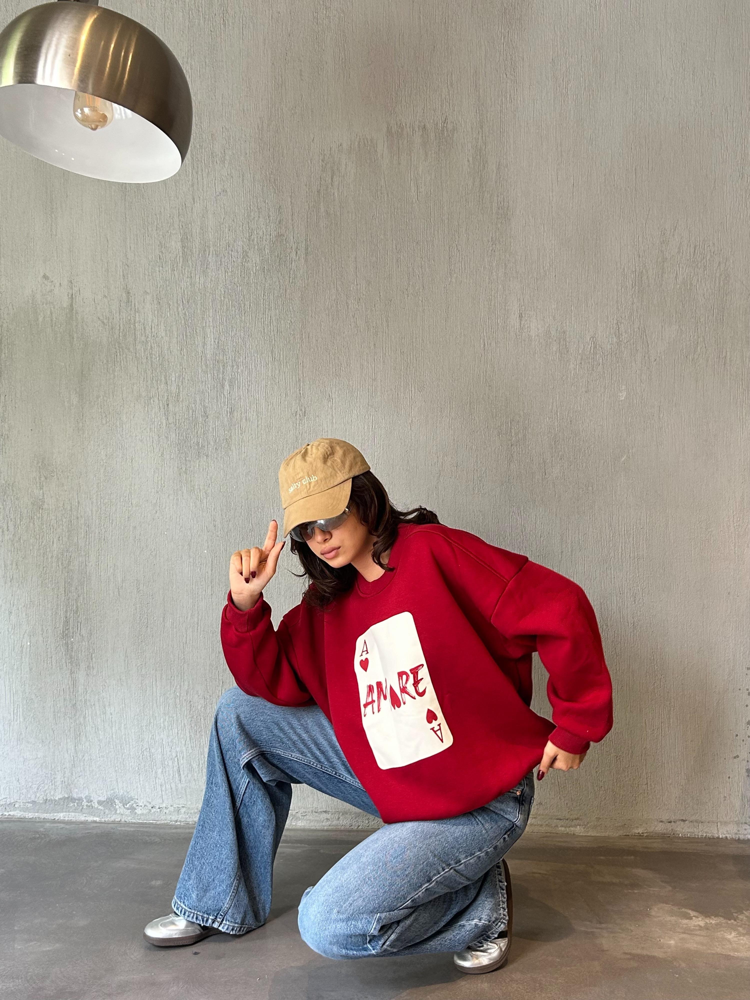 Kadın Bordo Baskılı Şardonlu 3 İplik Pamuk Sweatshirt 28059