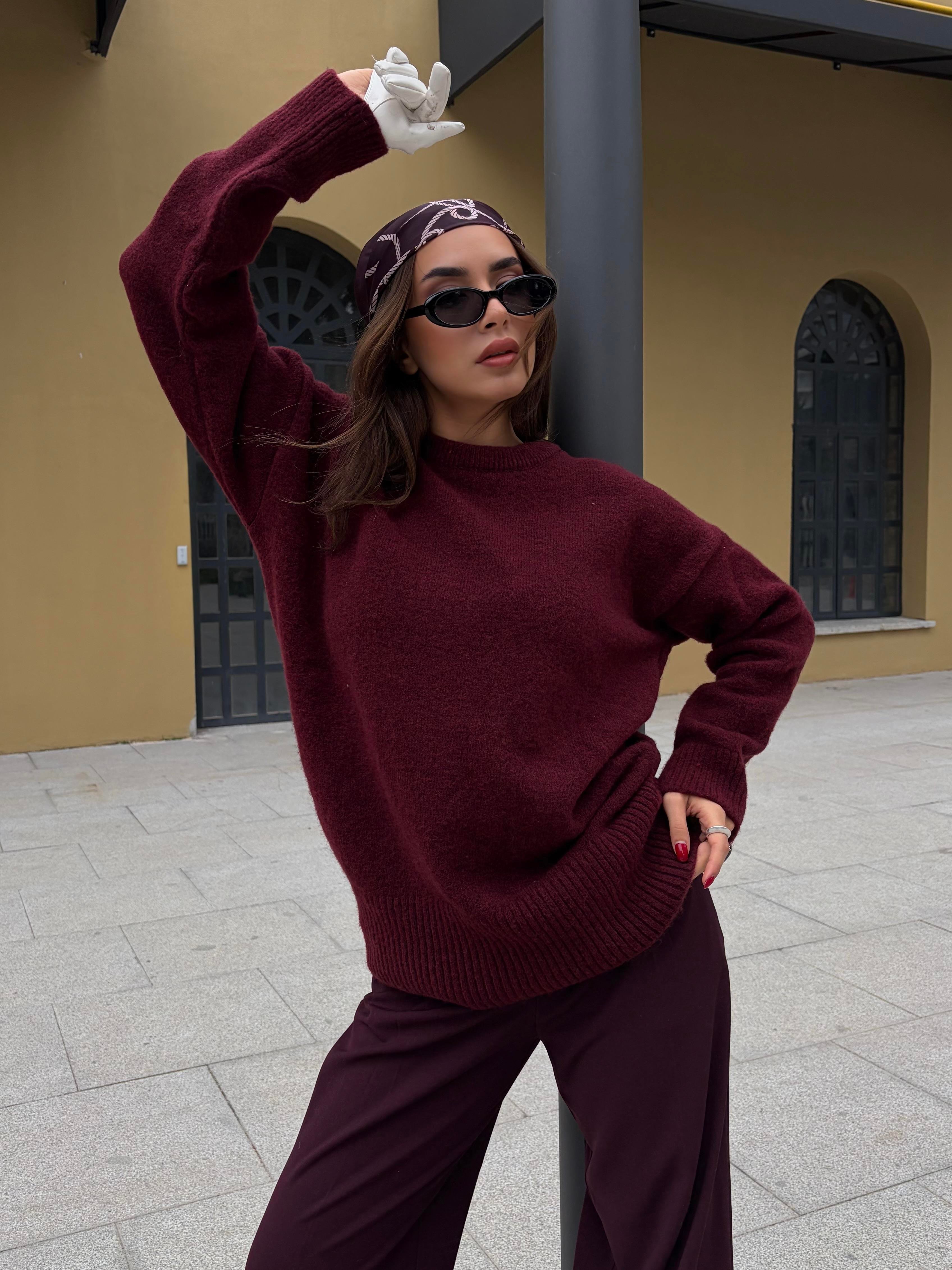 Kadın Bordo Bisiklet Yaka Tunik Boy Kazak 7035