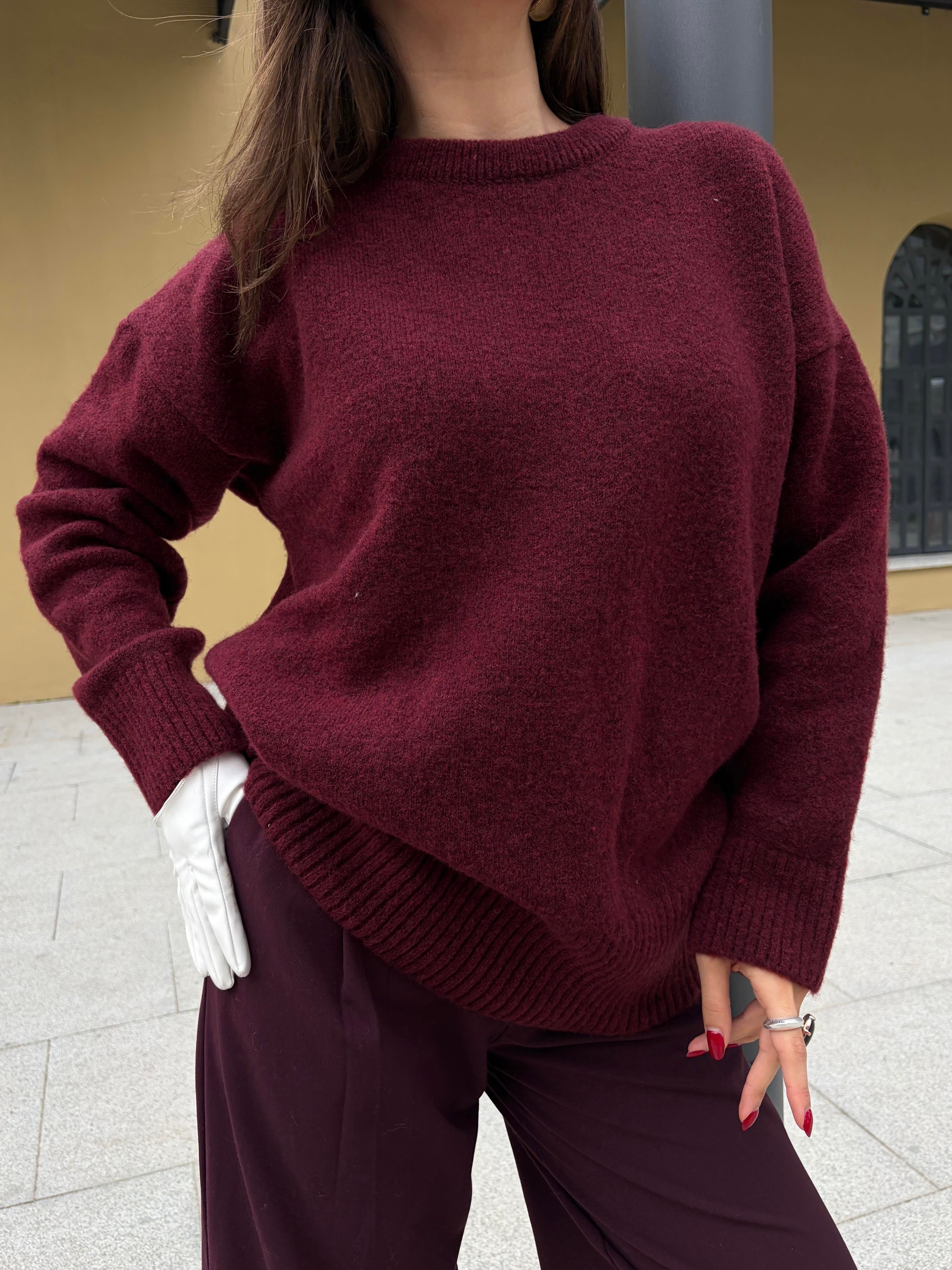 Kadın Bordo Bisiklet Yaka Tunik Boy Kazak 7035