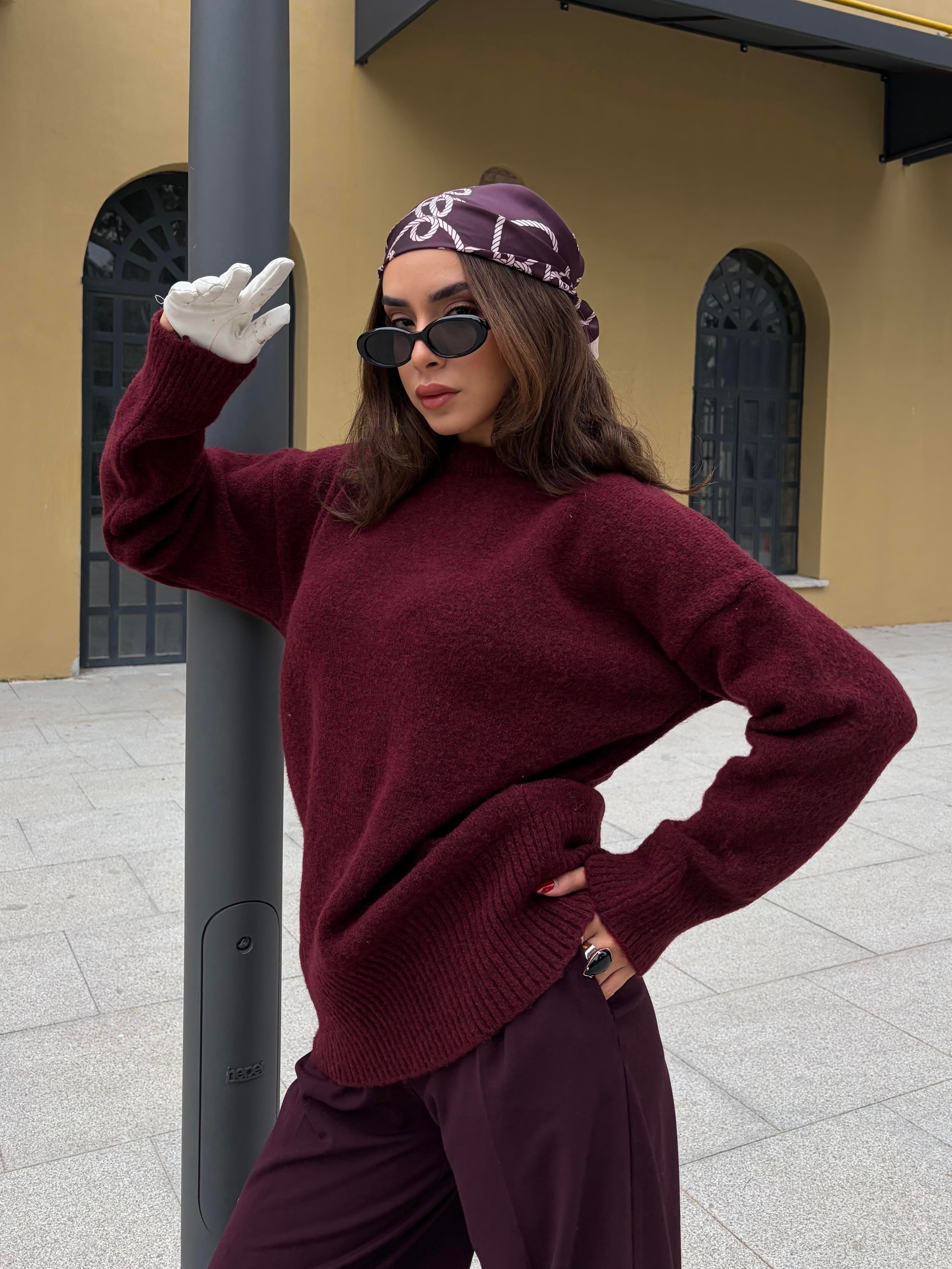 Kadın Bordo Bisiklet Yaka Tunik Boy Kazak 7035