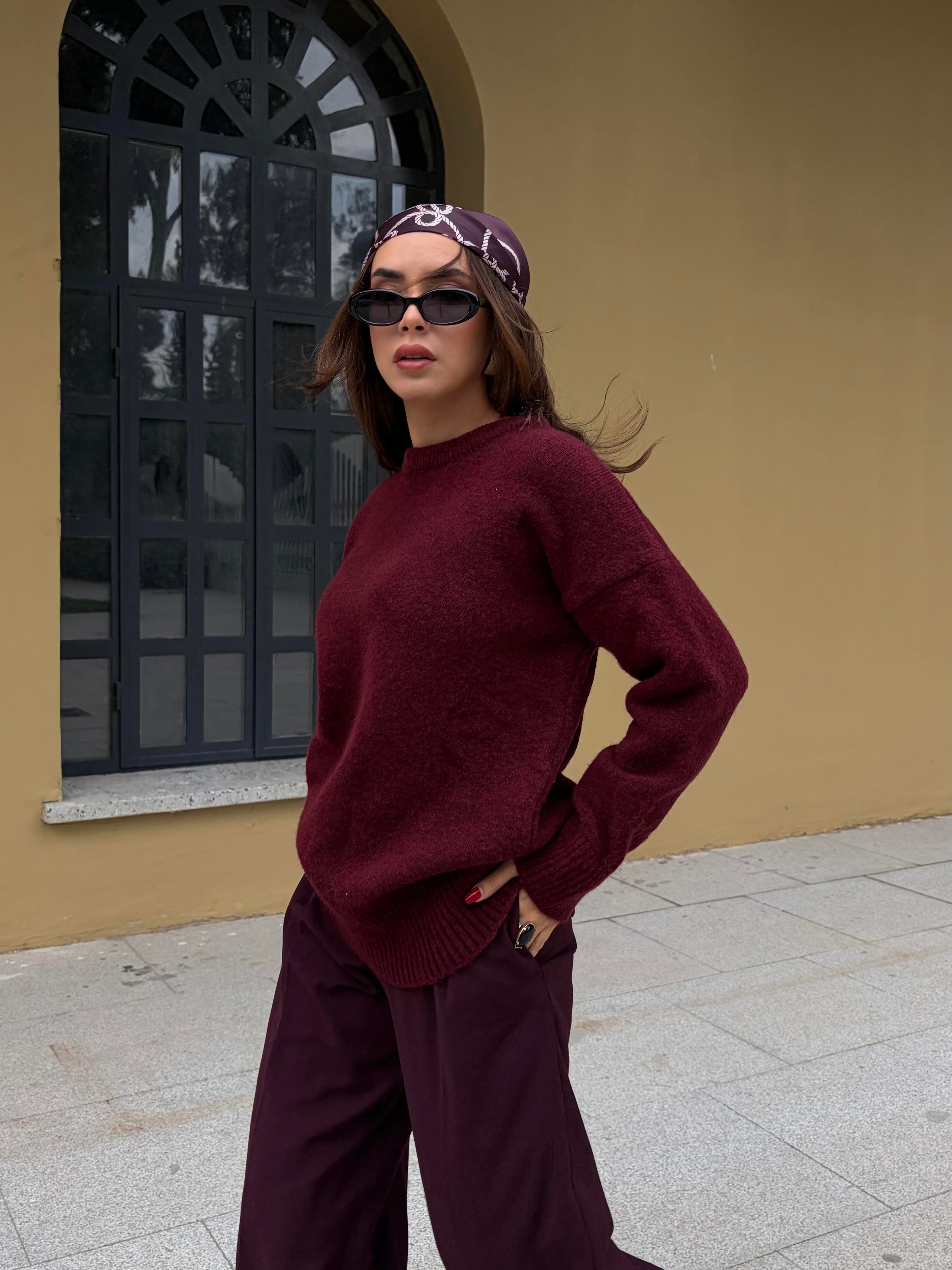 Kadın Bordo Bisiklet Yaka Tunik Boy Kazak 7035