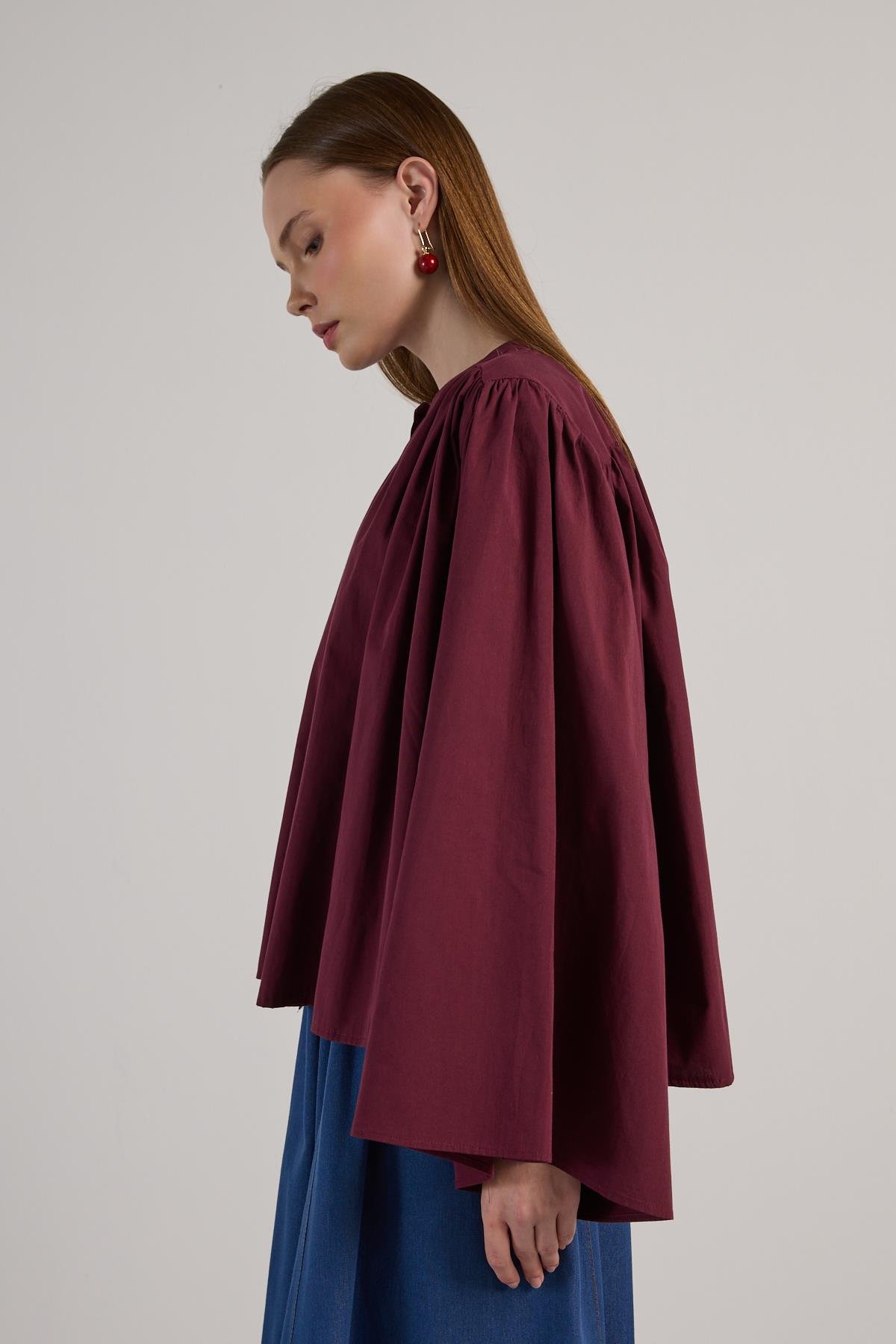 Kadın Bordo Büzgülü Oversize Tasarım Gömlek 30018