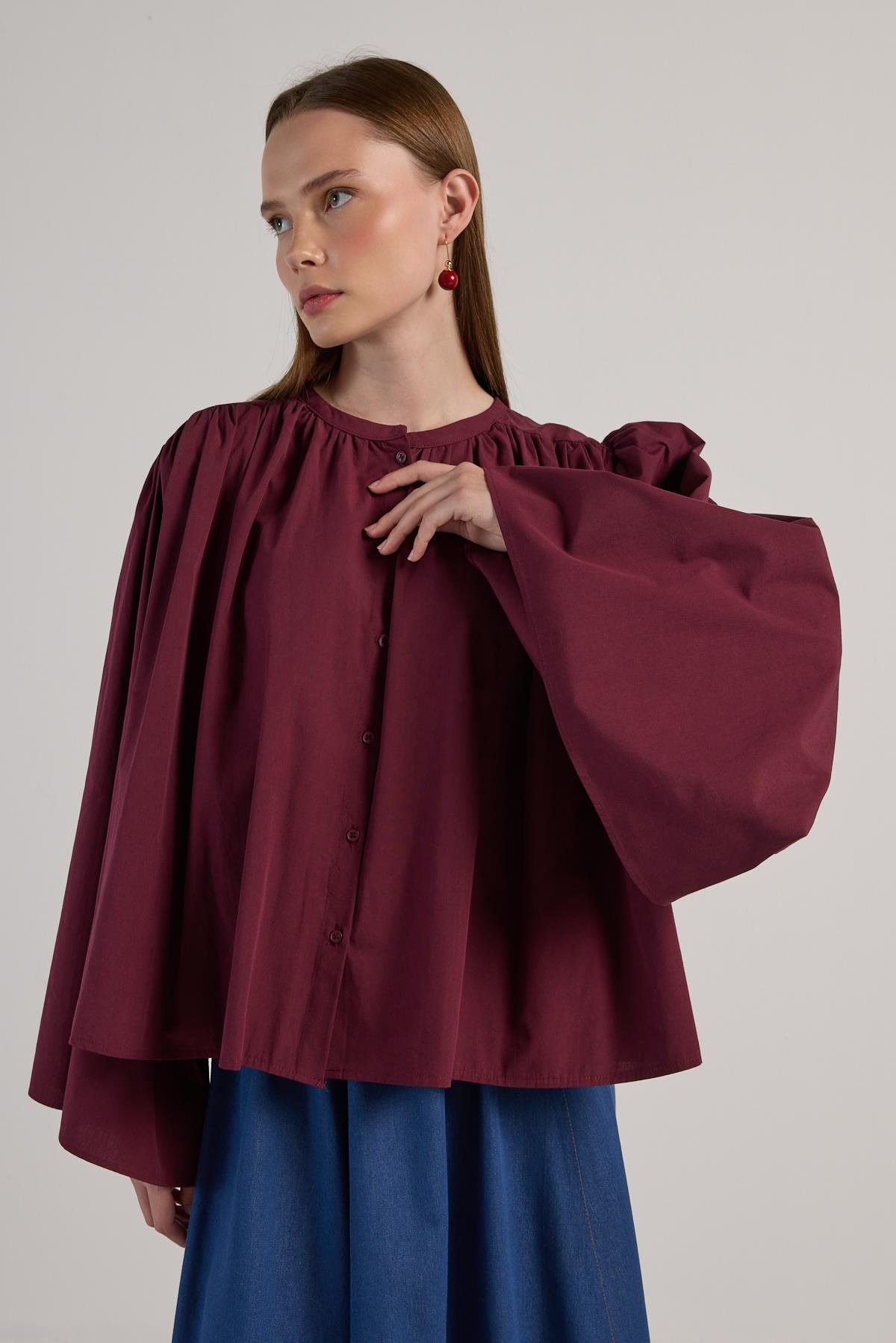 Kadın Bordo Büzgülü Oversize Tasarım Gömlek 30018