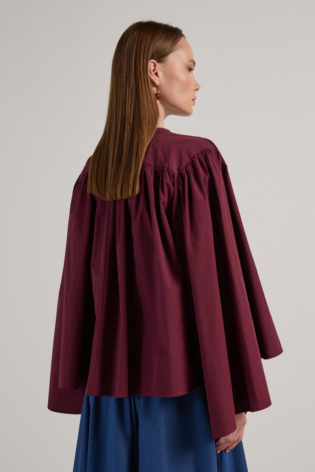 Kadın Bordo Büzgülü Oversize Tasarım Gömlek 30018