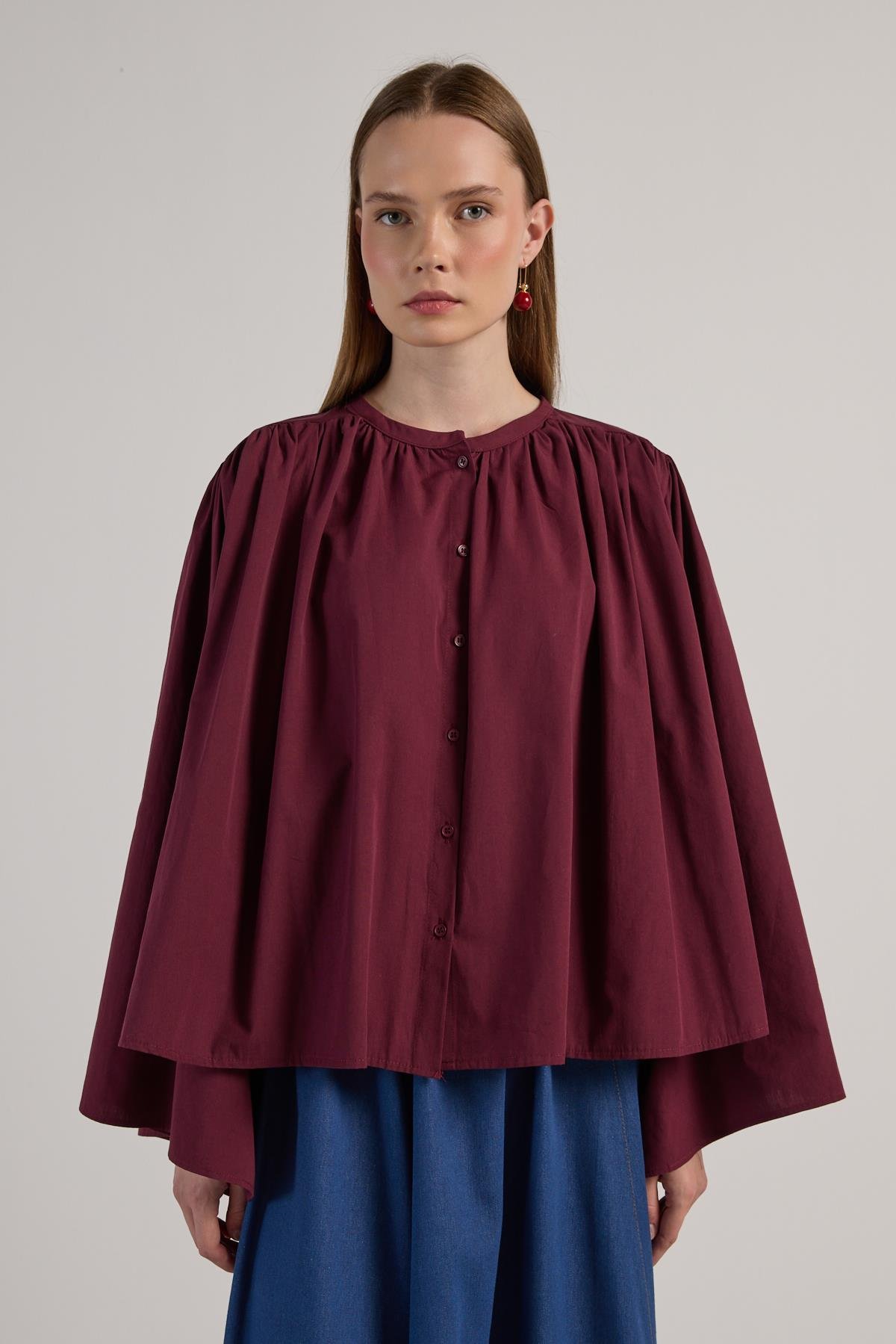 Kadın Bordo Büzgülü Oversize Tasarım Gömlek 30018