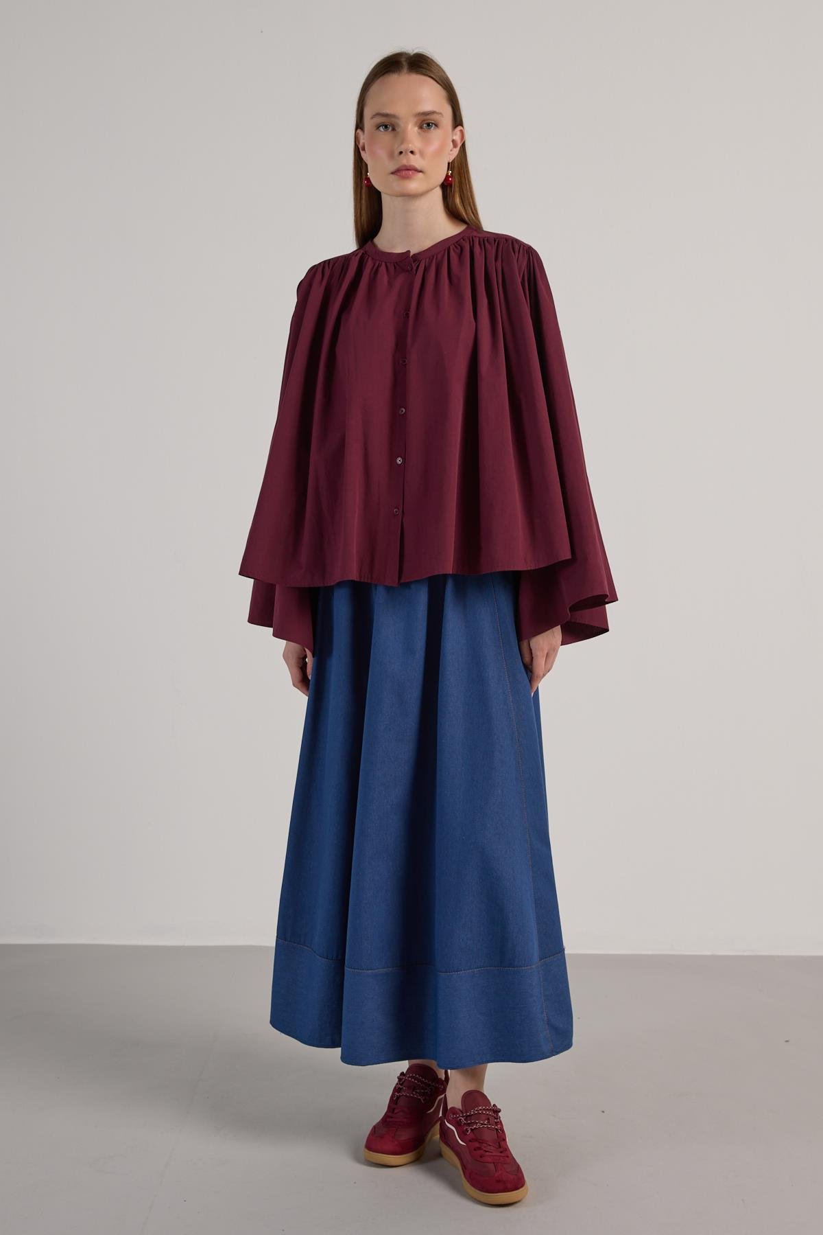 Kadın Bordo Büzgülü Oversize Tasarım Gömlek 30018