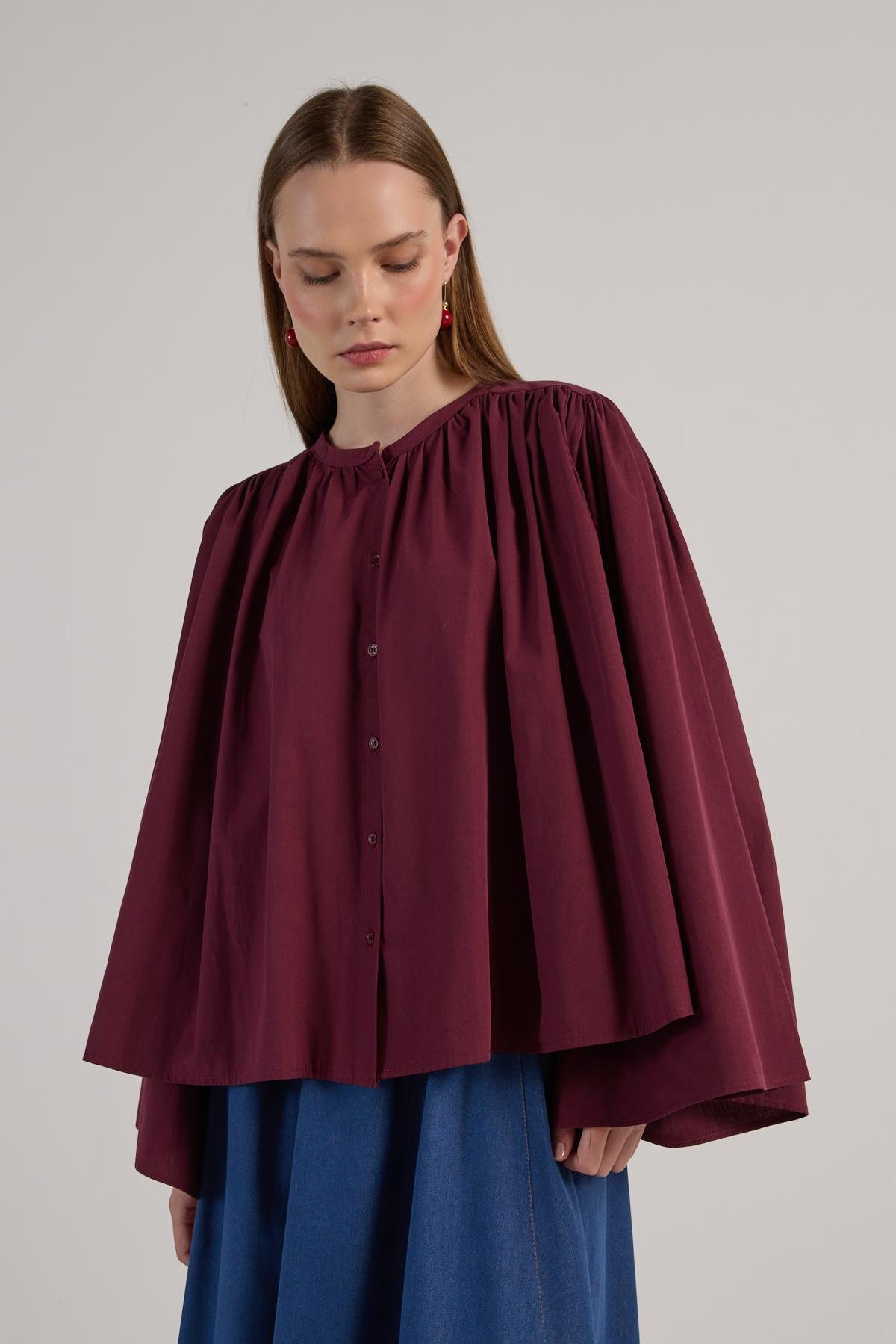 Kadın Bordo Büzgülü Oversize Tasarım Gömlek 30018
