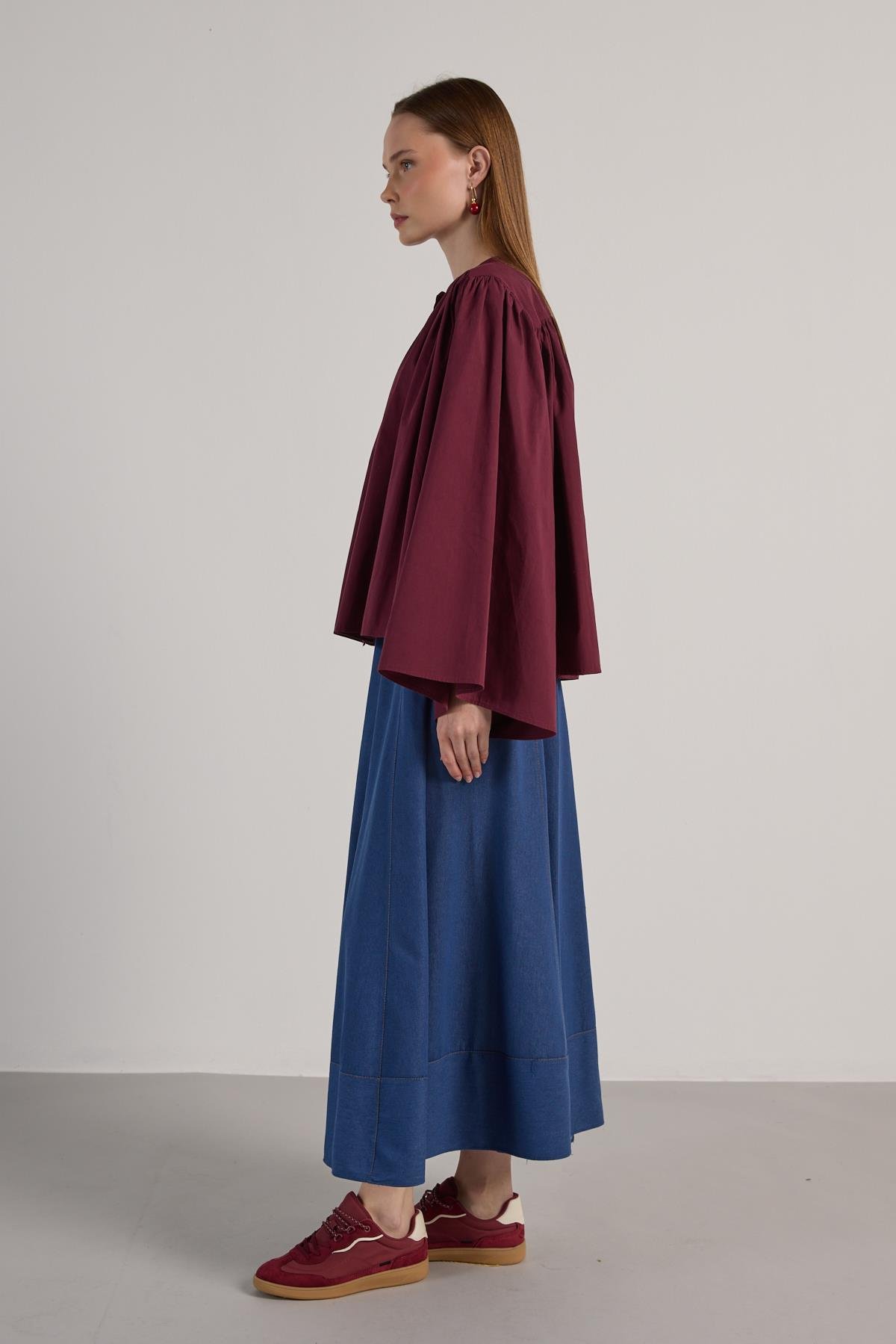 Kadın Bordo Büzgülü Oversize Tasarım Gömlek 30018