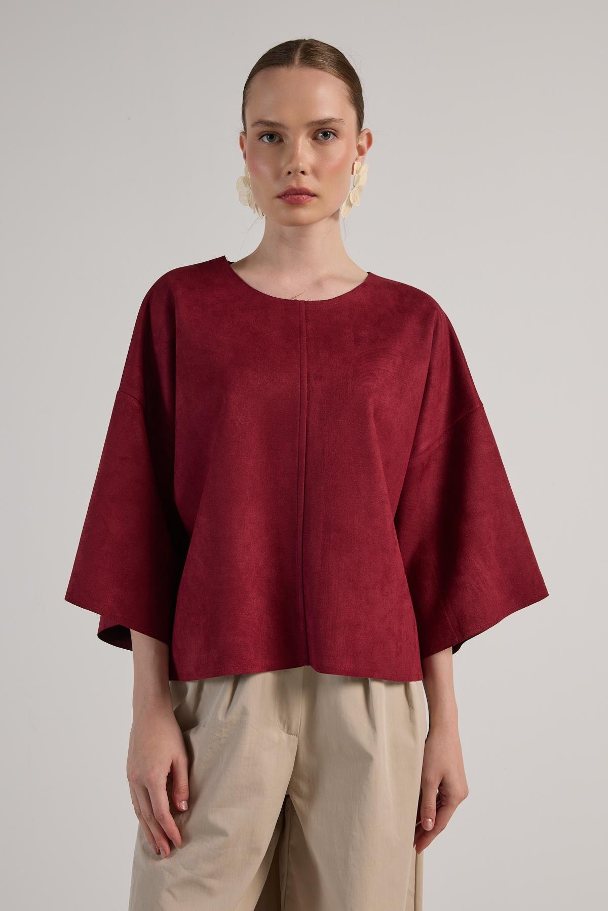 Kadın Bordo Dalgıç Süet Parçalı Bluz 30038