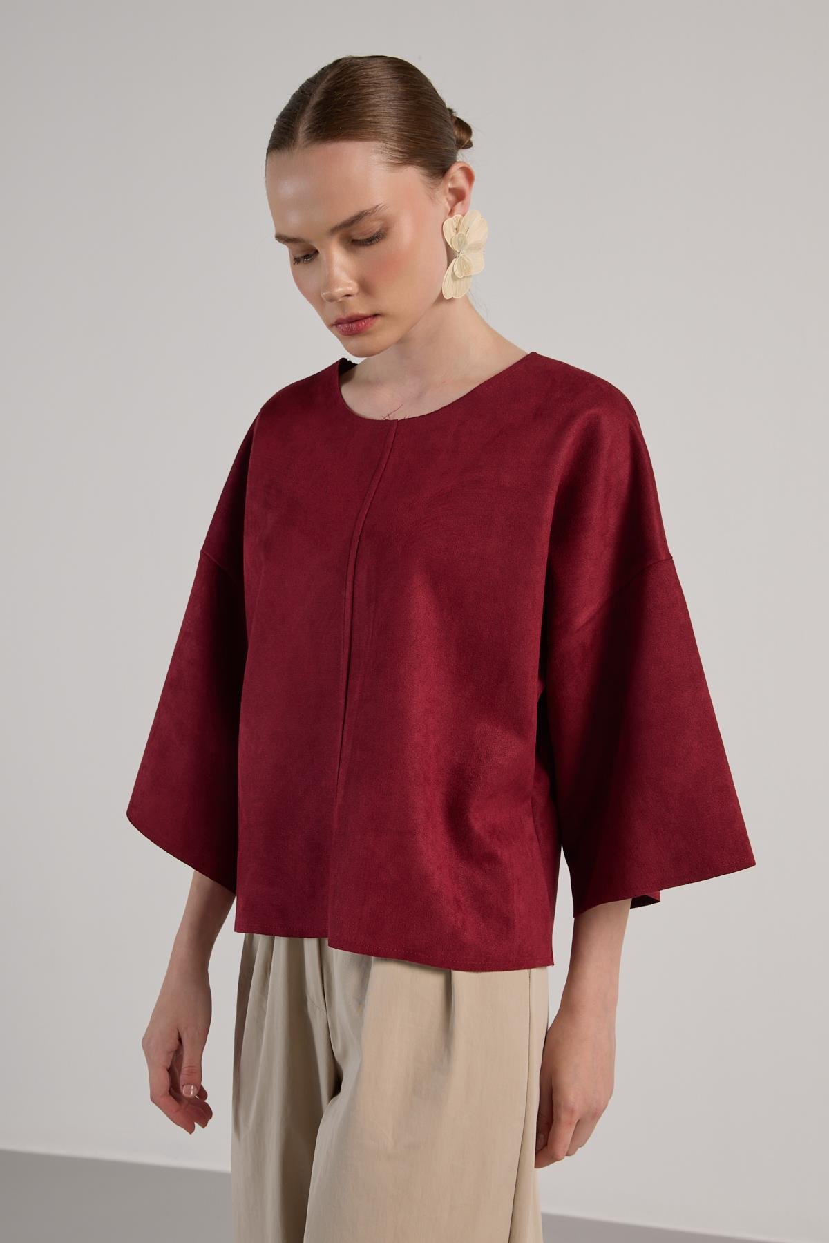 Kadın Bordo Dalgıç Süet Parçalı Bluz 30038