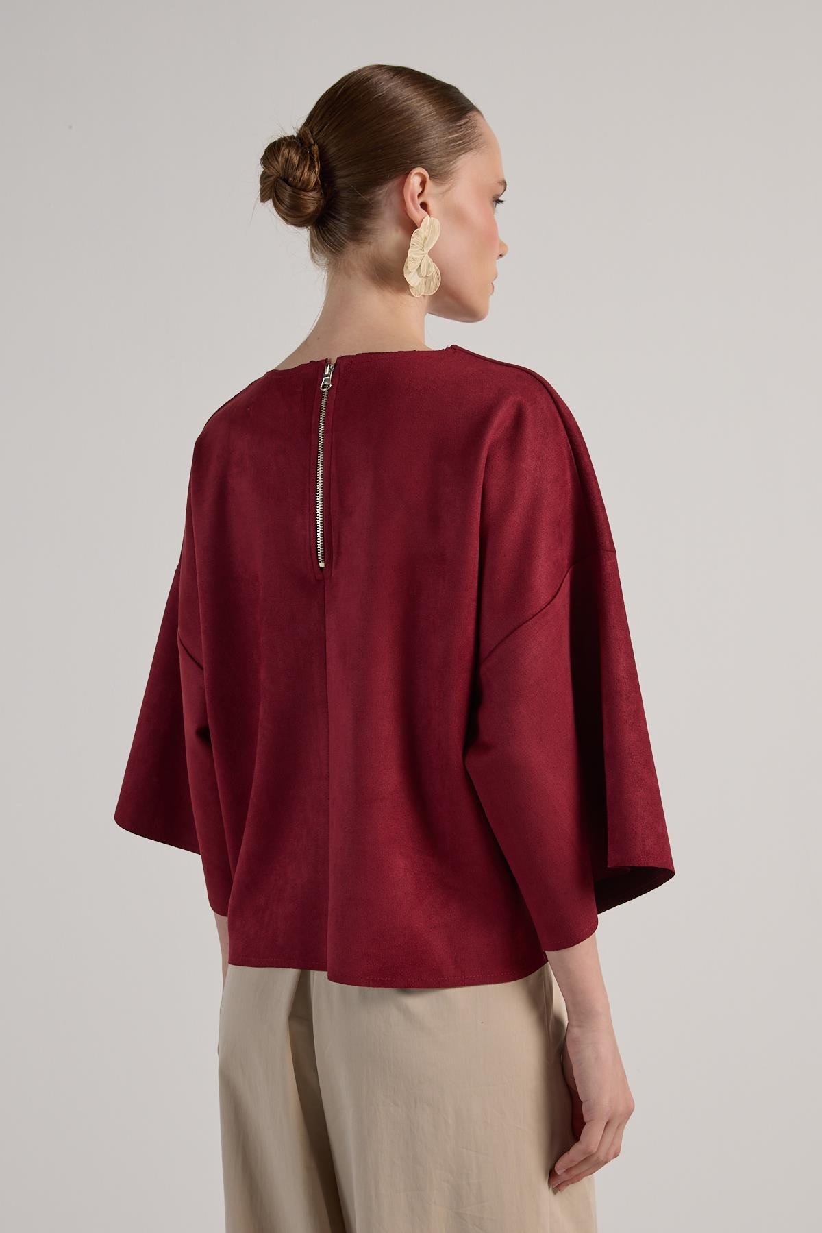 Kadın Bordo Dalgıç Süet Parçalı Bluz 30038