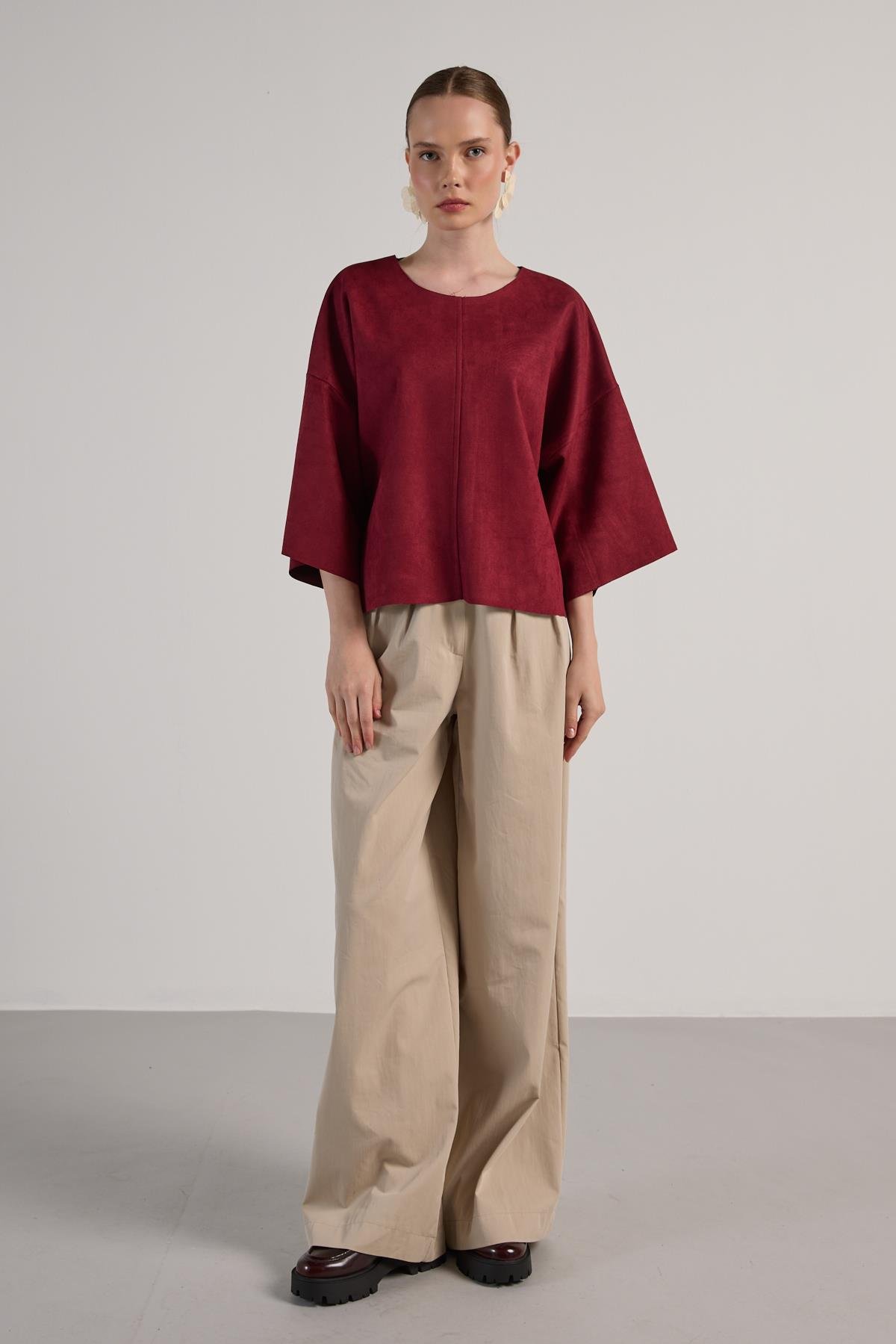 Kadın Bordo Dalgıç Süet Parçalı Bluz 30038